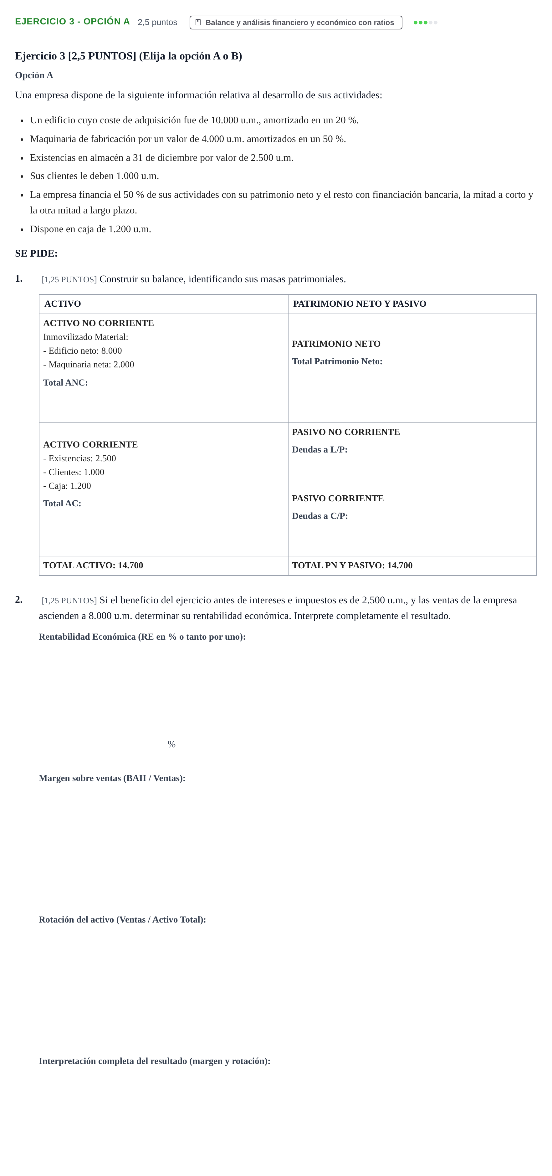 Enunciado: Ejercicio 3 - Opción A · Empresa y Diseño de Modelos de Negocio PAU Cantabria Extraordinaria 2024