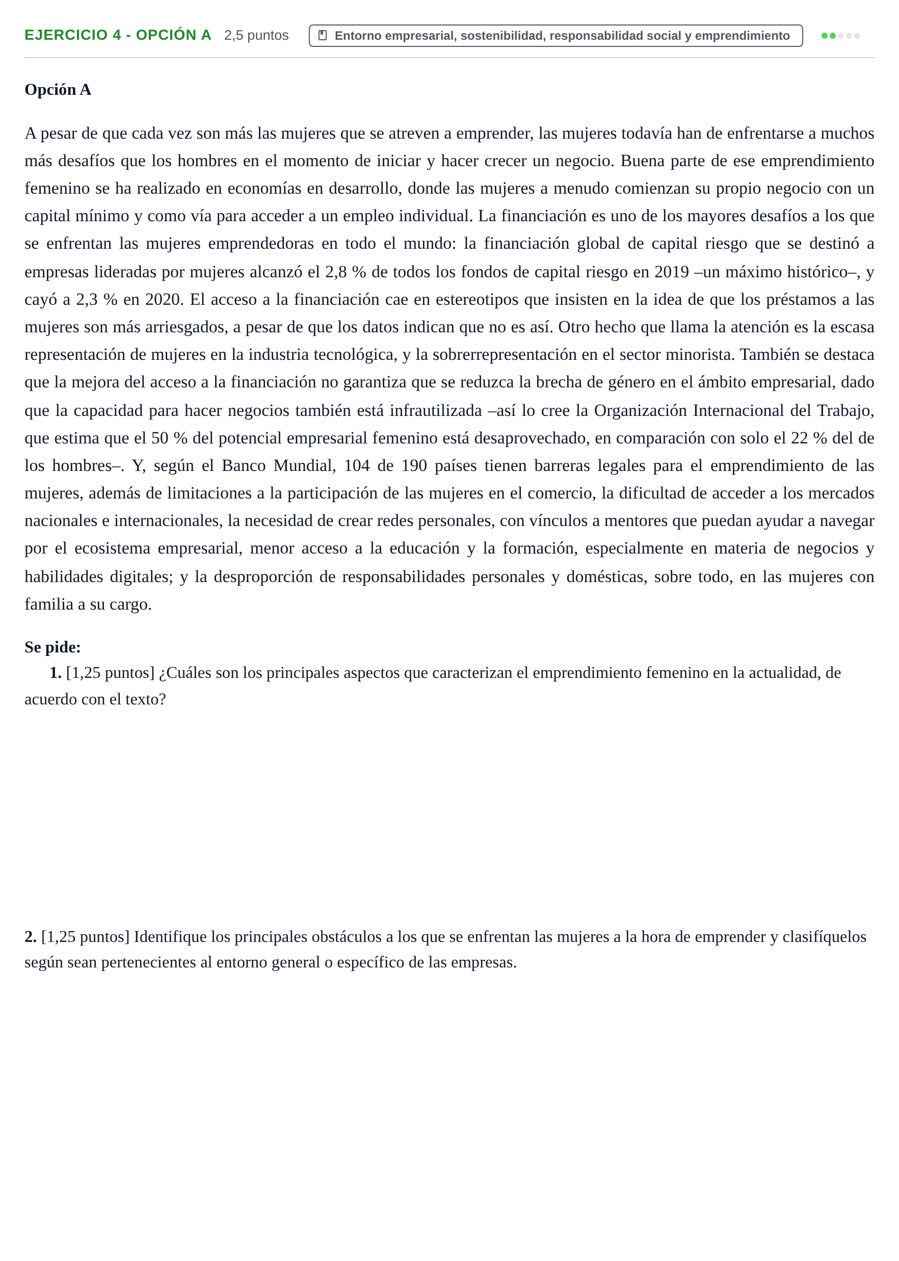 Enunciado: Ejercicio 4 - Opción A · Empresa y Diseño de Modelos de Negocio PAU Cantabria Ordinaria 2024