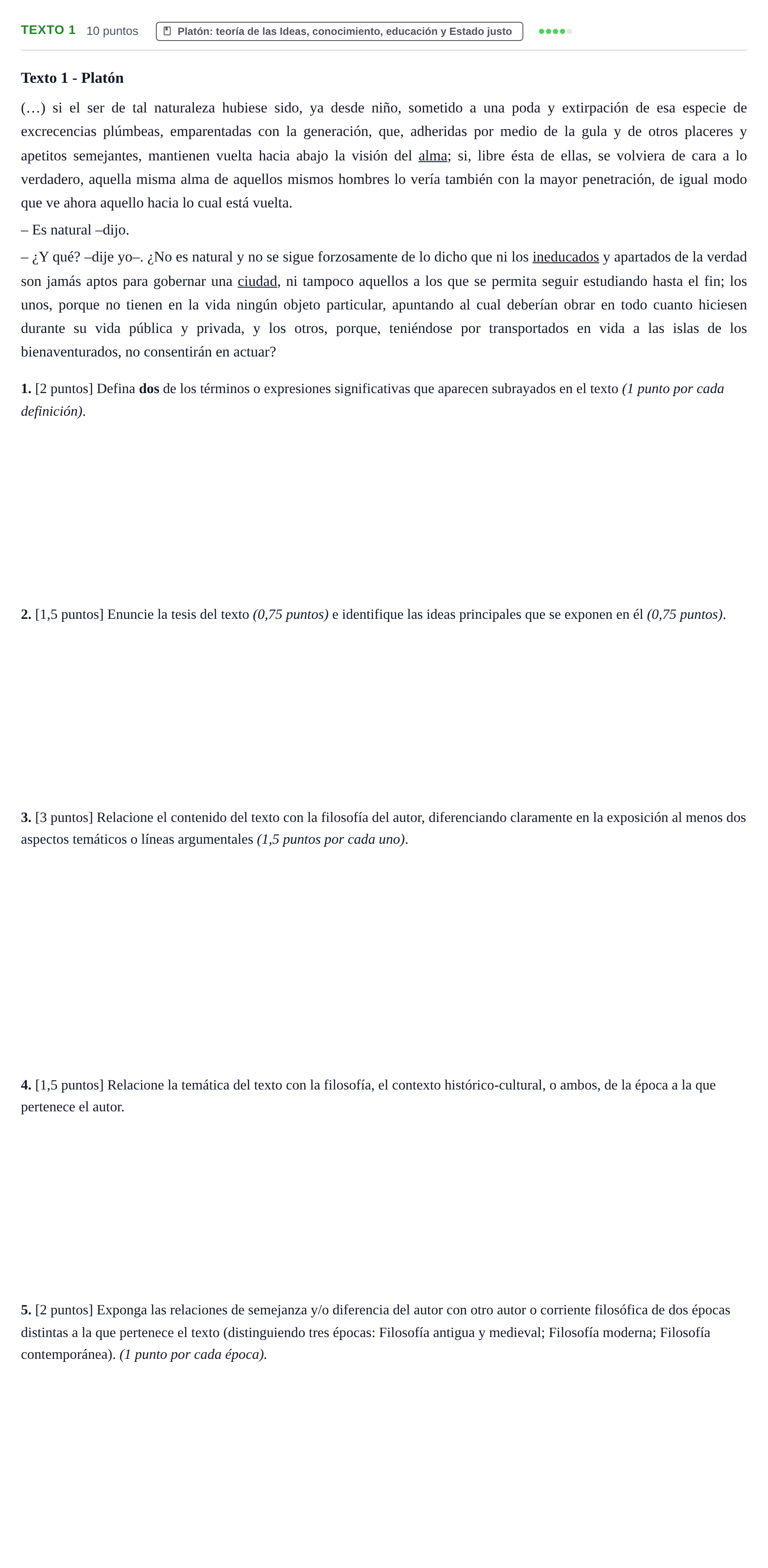 Enunciado: Ejercicio Texto 1 - Platón · Historia de la Filosofía PAU Cantabria Ordinaria 2024
