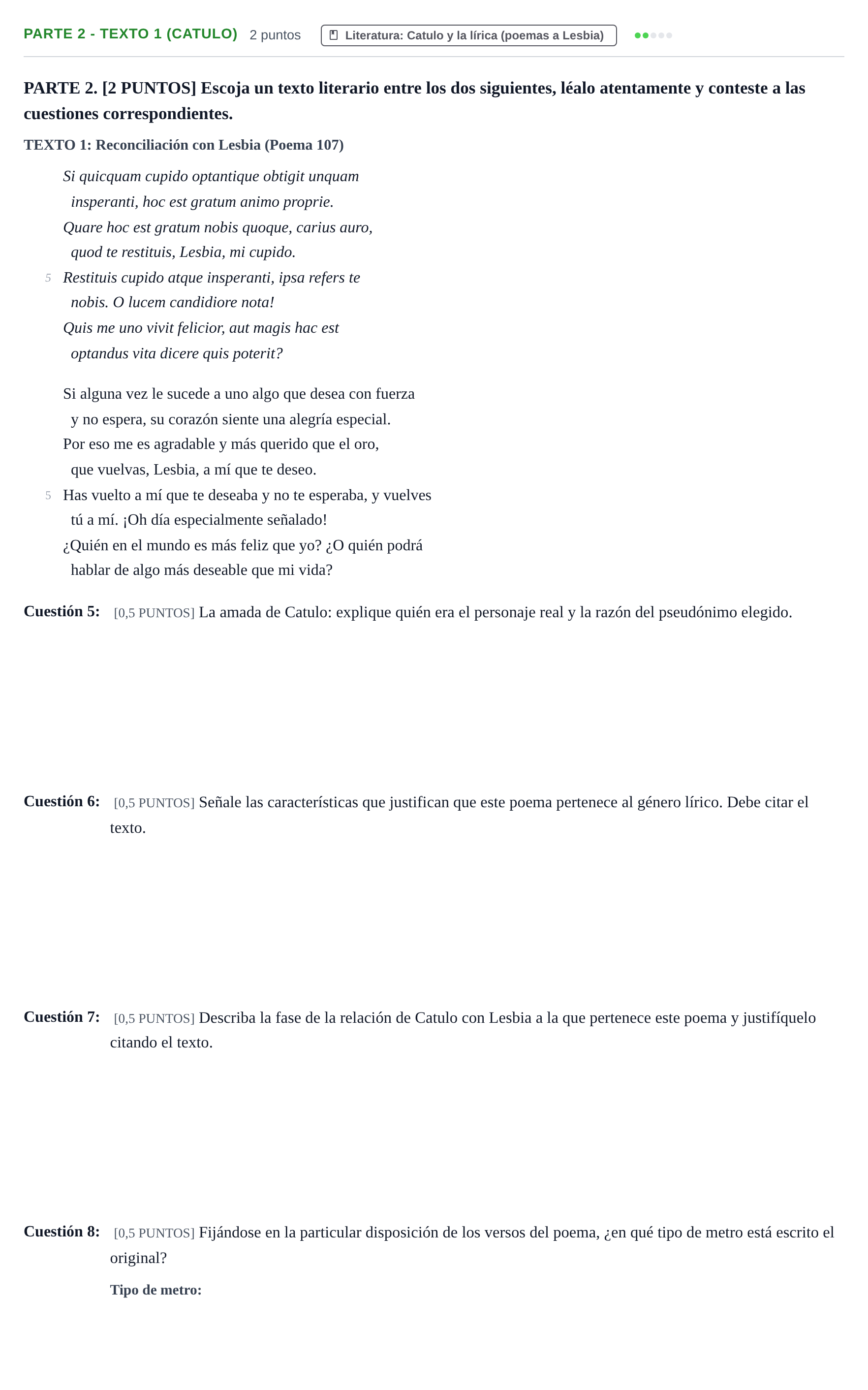 Enunciado: Ejercicio Parte 2 - Texto 1 (Catulo) · Latín II PAU Cantabria Extraordinaria 2024