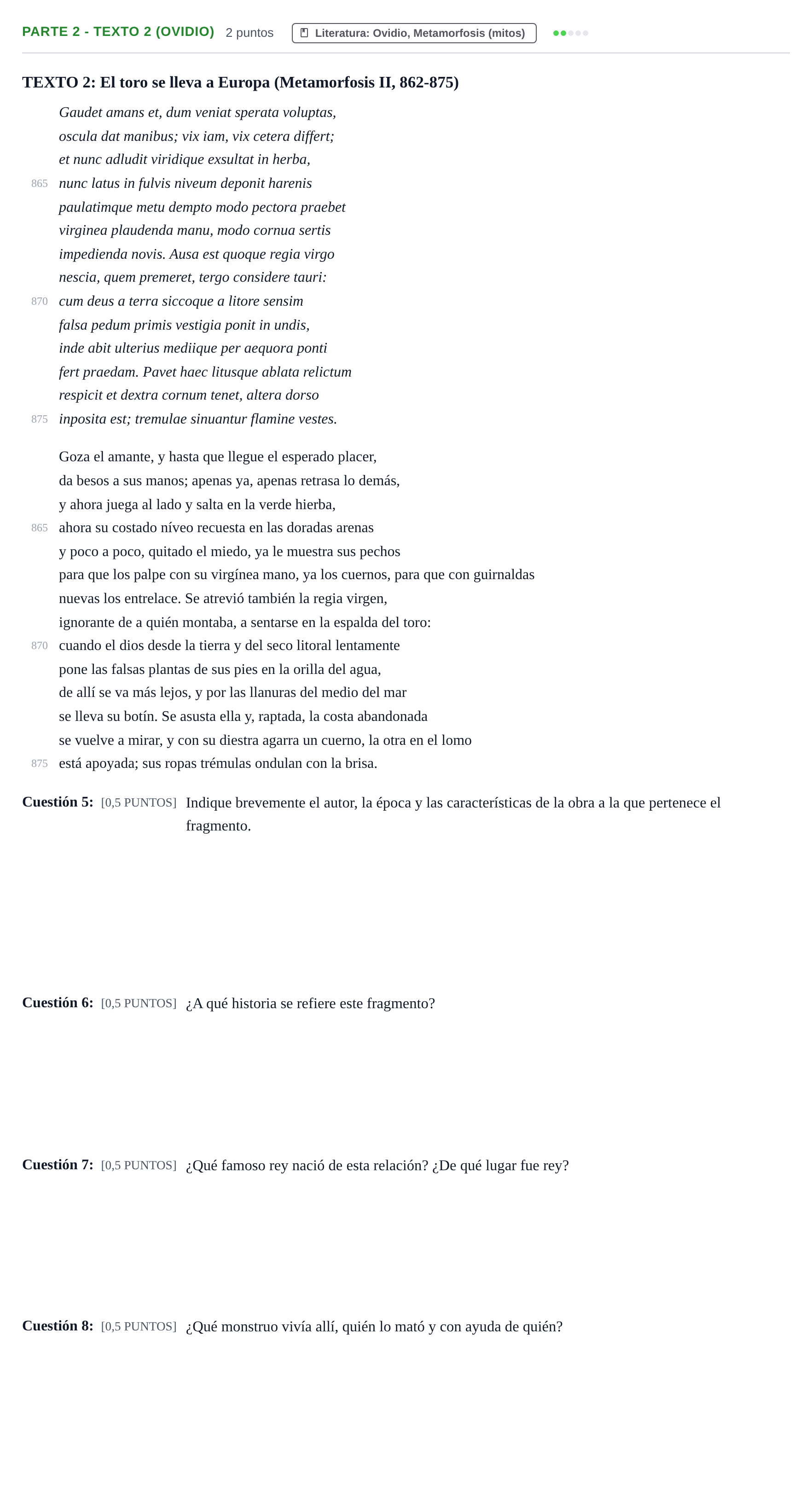 Enunciado: Ejercicio Parte 2 - Texto 2 (Ovidio) · Latín II PAU Cantabria Extraordinaria 2024