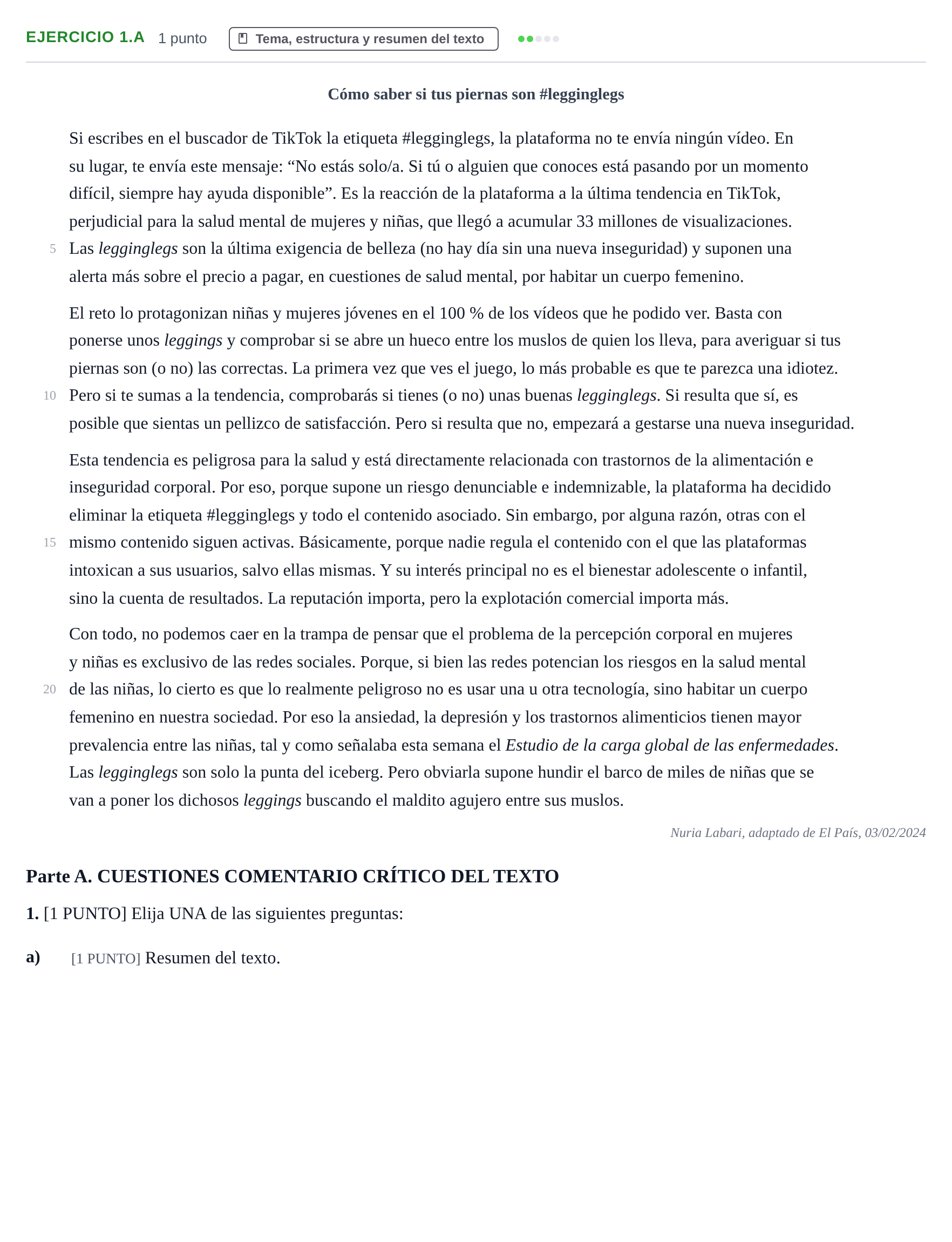 Enunciado: Ejercicio 1.a · Lengua Castellana y Literatura II PAU Cantabria Extraordinaria 2024