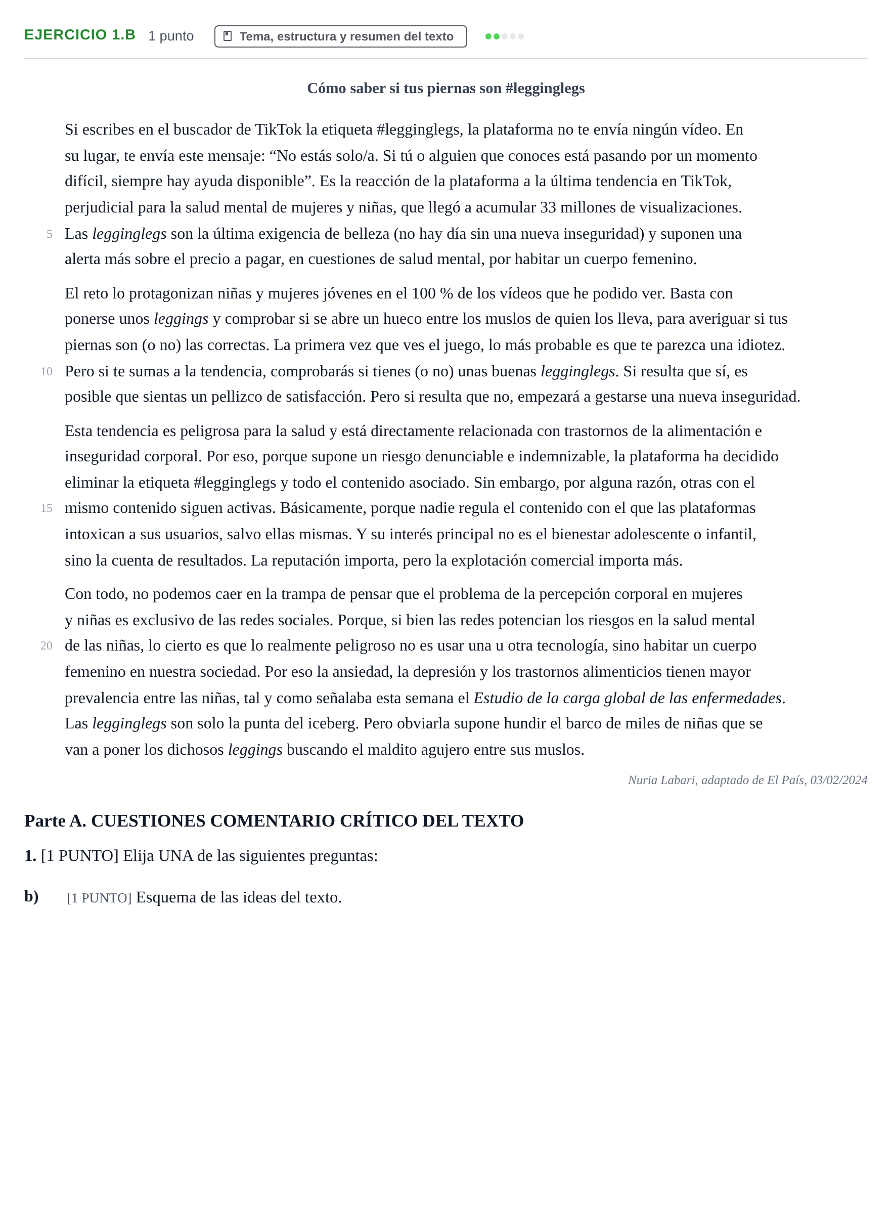 Enunciado: Ejercicio 1.b · Lengua Castellana y Literatura II PAU Cantabria Extraordinaria 2024
