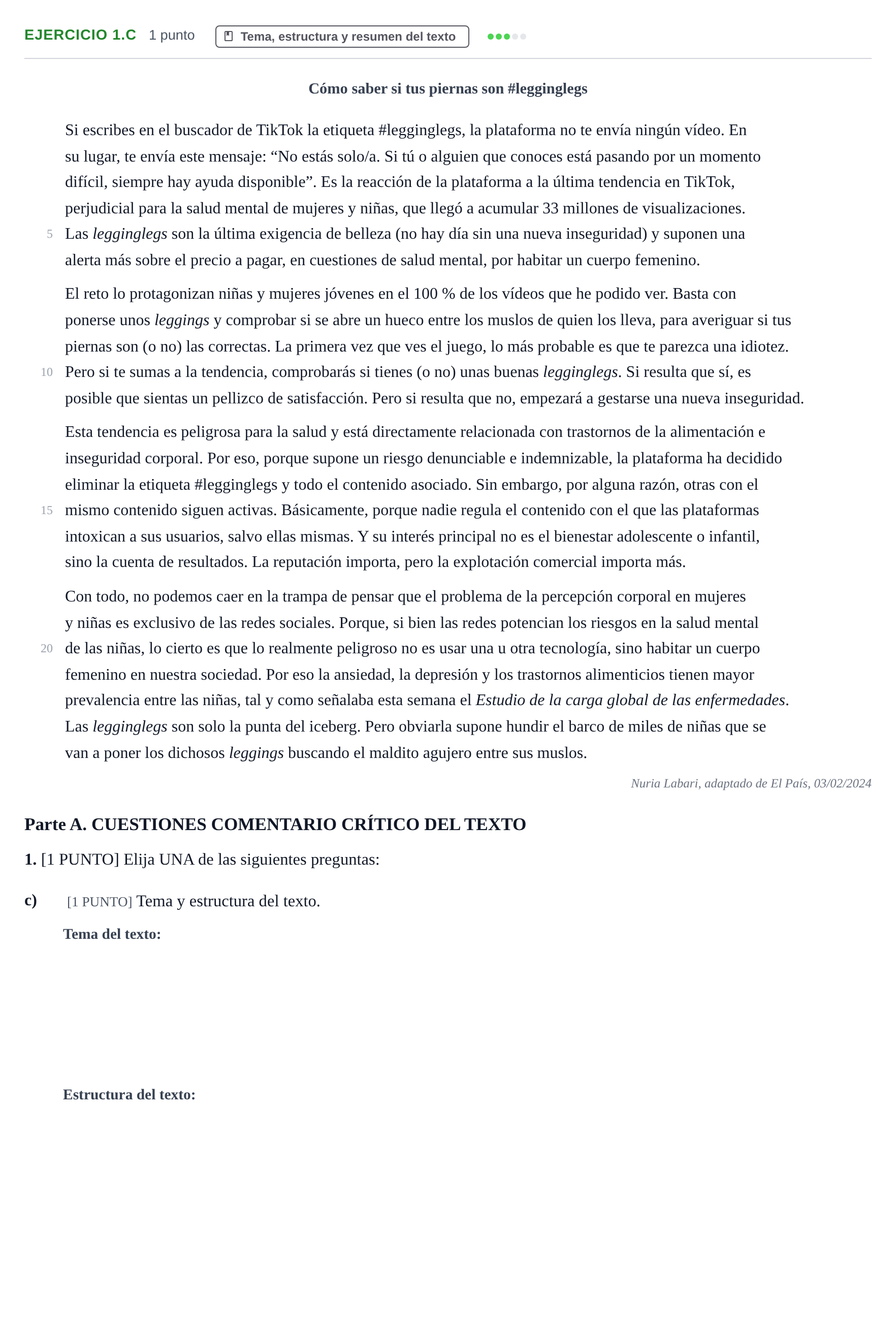 Enunciado: Ejercicio 1.c · Lengua Castellana y Literatura II PAU Cantabria Extraordinaria 2024