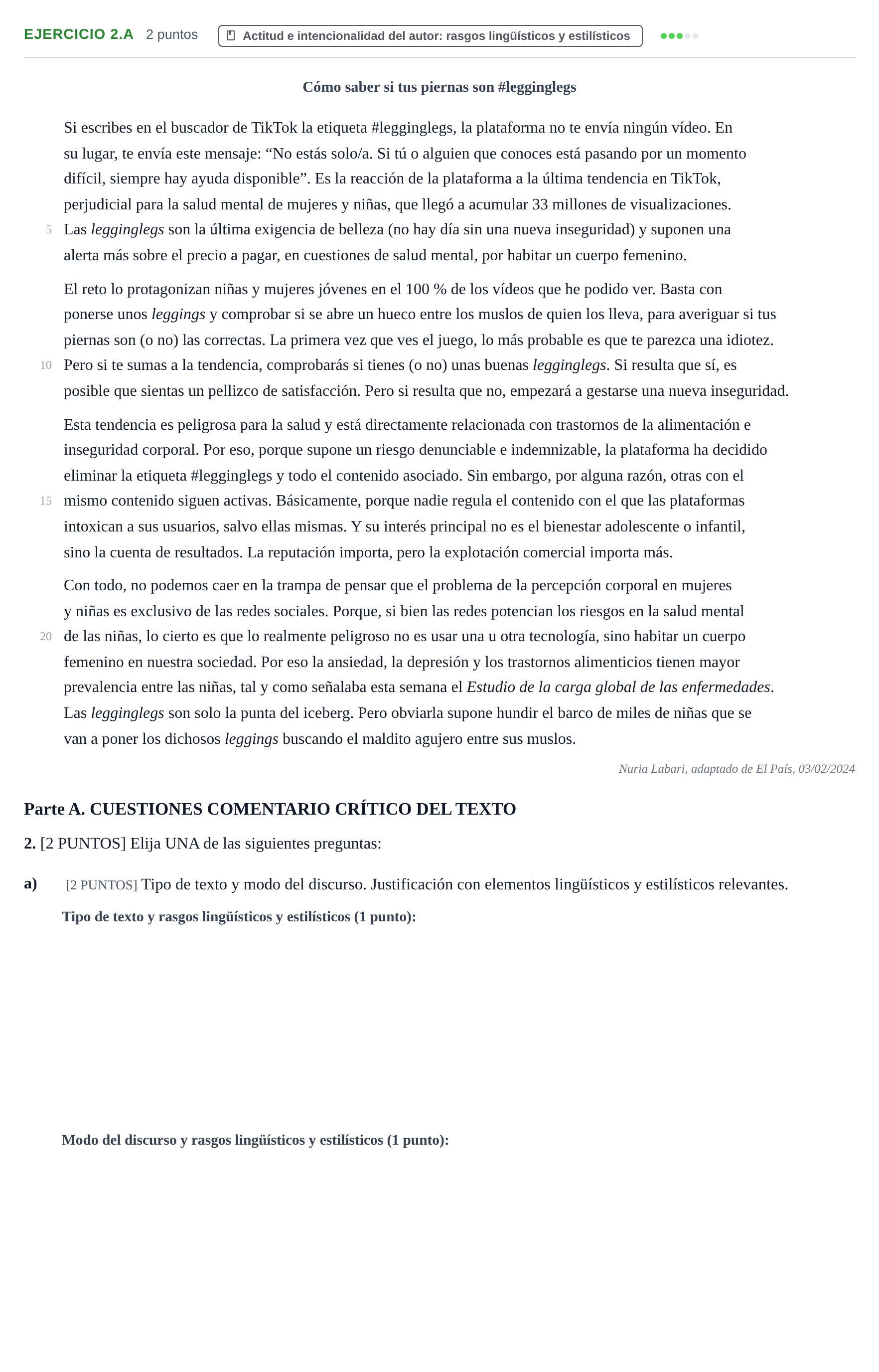 Enunciado: Ejercicio 2.a · Lengua Castellana y Literatura II PAU Cantabria Extraordinaria 2024