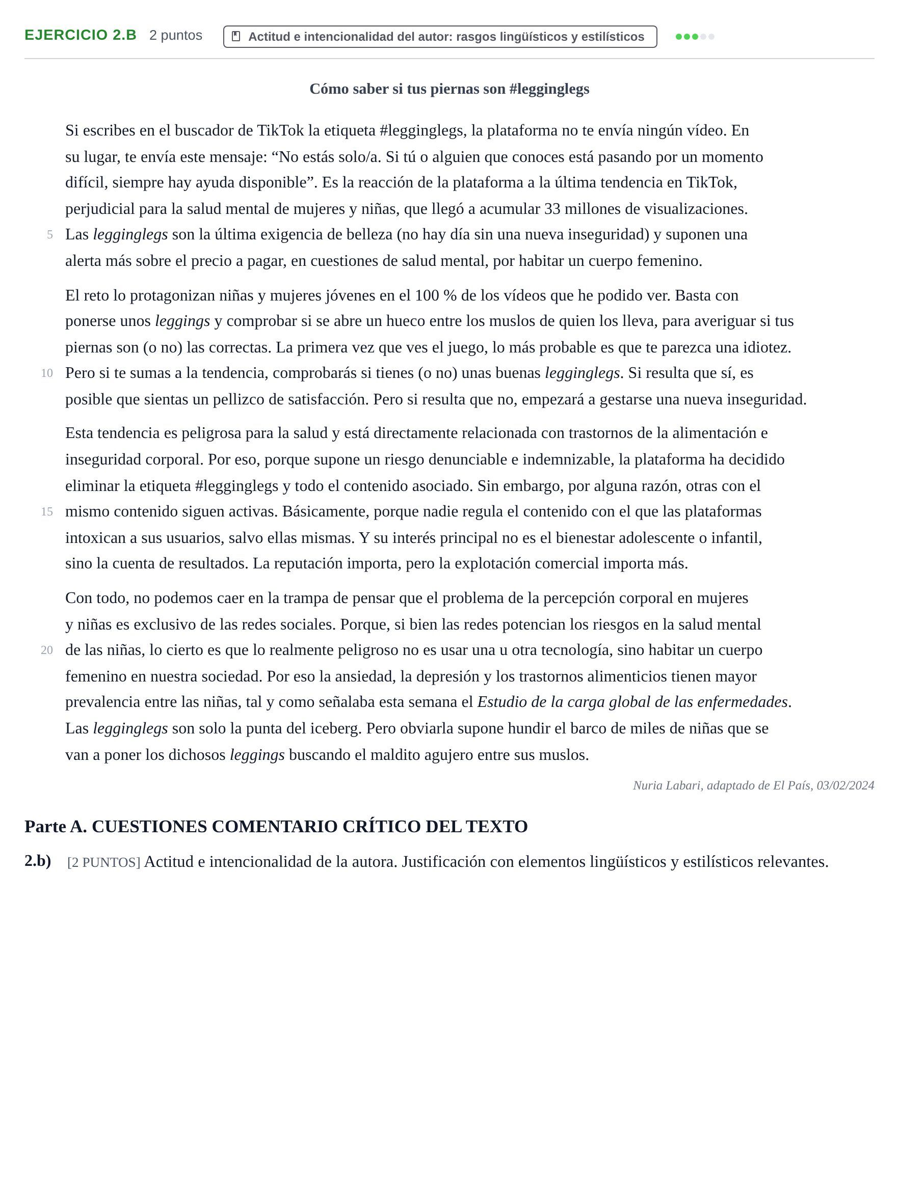 Enunciado: Ejercicio 2.b · Lengua Castellana y Literatura II PAU Cantabria Extraordinaria 2024