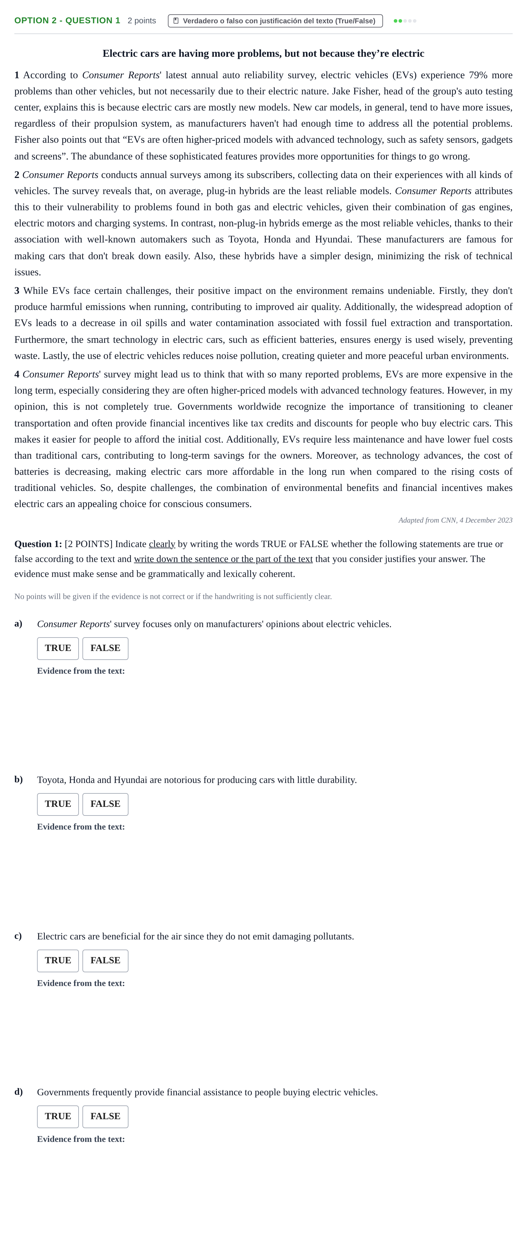 Enunciado: Ejercicio Option 2 - Question 1 · Inglés PAU Cantabria Extraordinaria 2024
