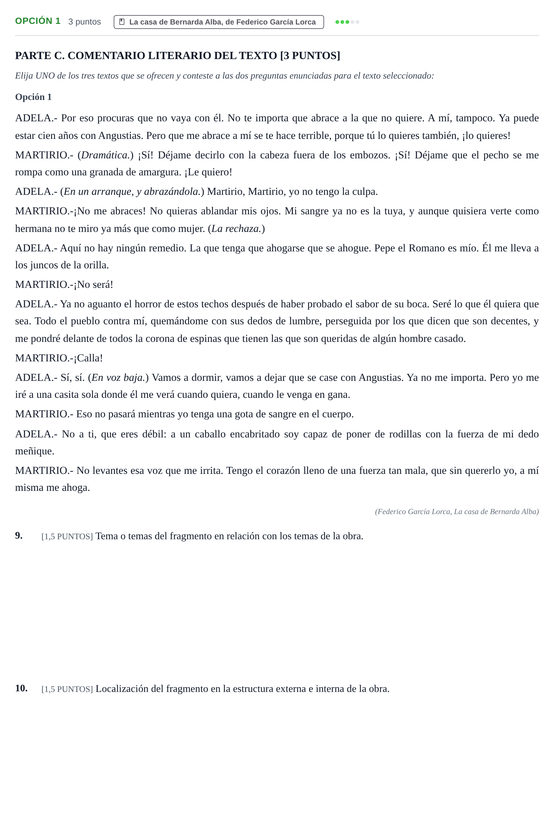 Enunciado: Opción 1 - La casa de Bernarda Alba · Lengua Castellana y Literatura II PAU Cantabria Ordinaria 2024