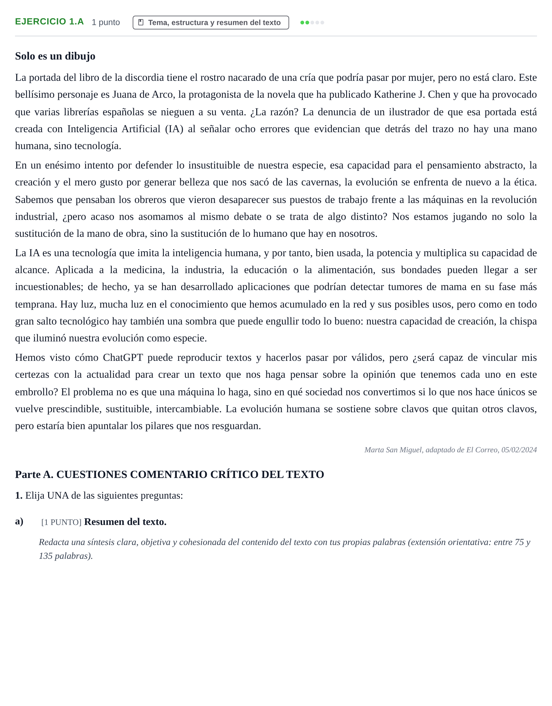 Enunciado: Ejercicio 1.a · Lengua Castellana y Literatura II PAU Cantabria Ordinaria 2024