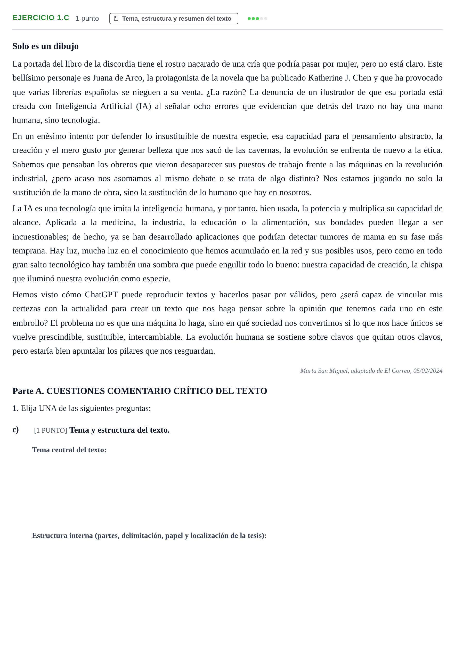 Enunciado: Ejercicio 1.c · Lengua Castellana y Literatura II PAU Cantabria Ordinaria 2024