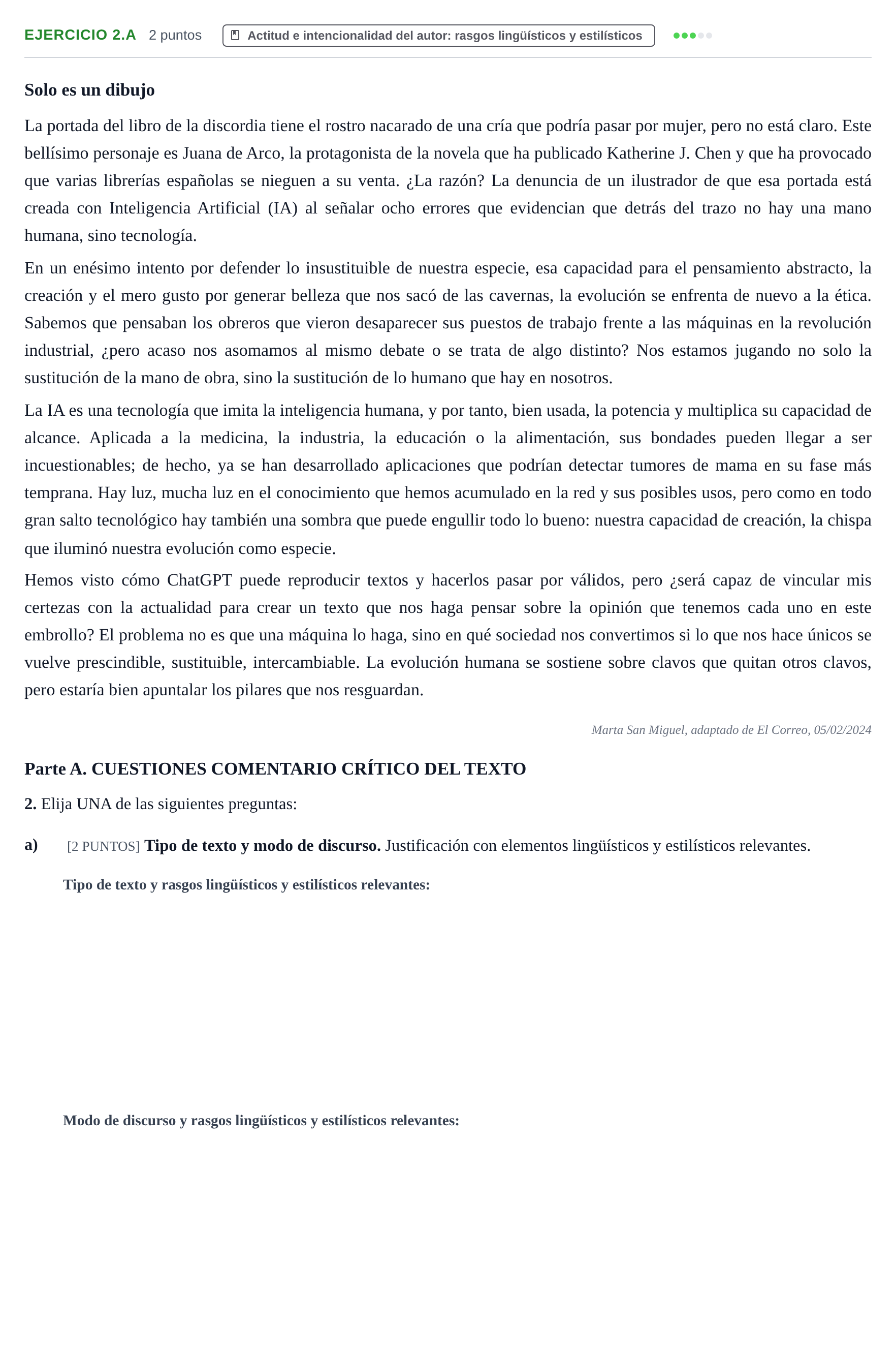 Enunciado: Ejercicio 2.a · Lengua Castellana y Literatura II PAU Cantabria Ordinaria 2024