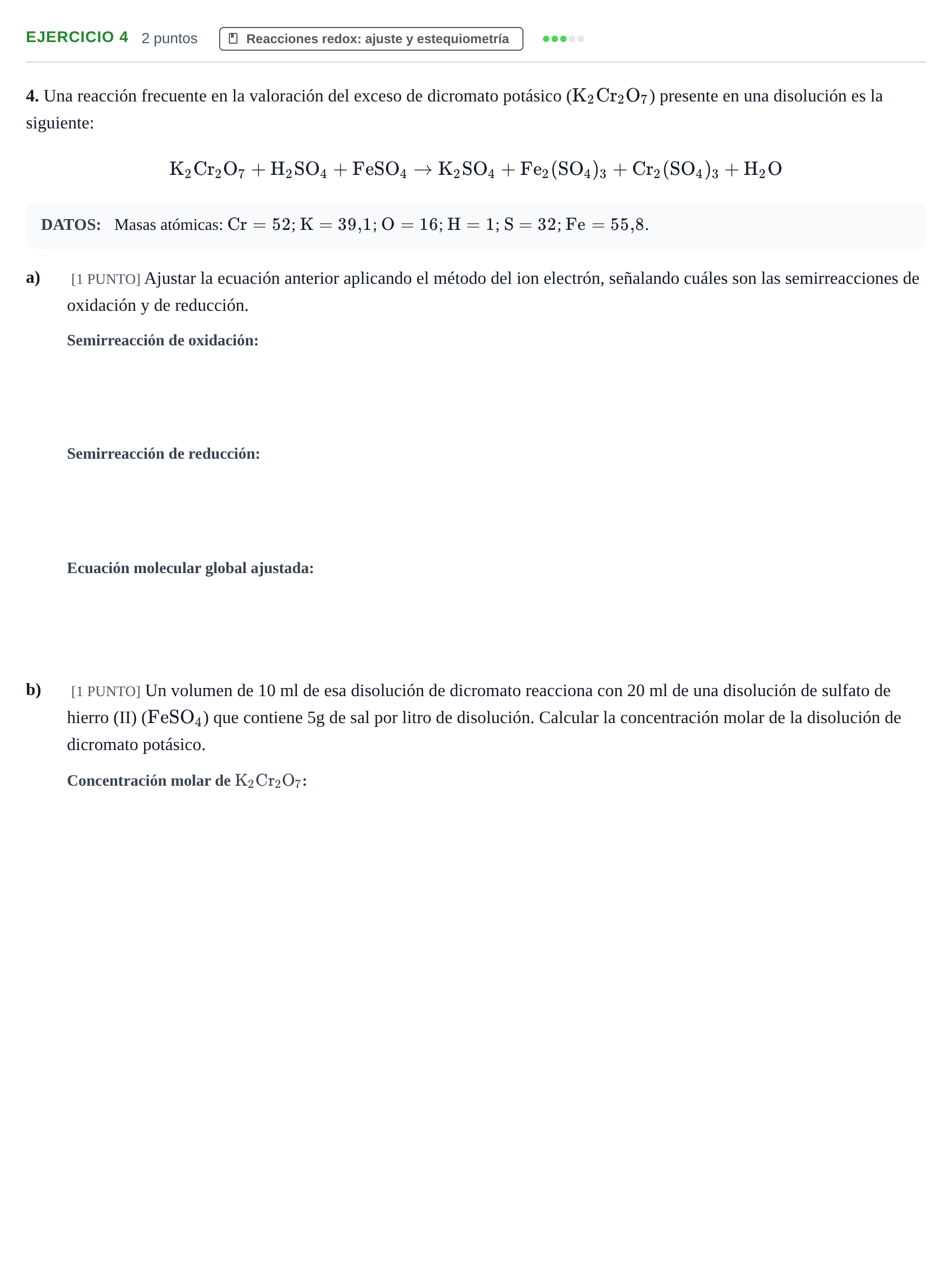 Enunciado: Problema 4 · Química PAU Cantabria Extraordinaria 2024