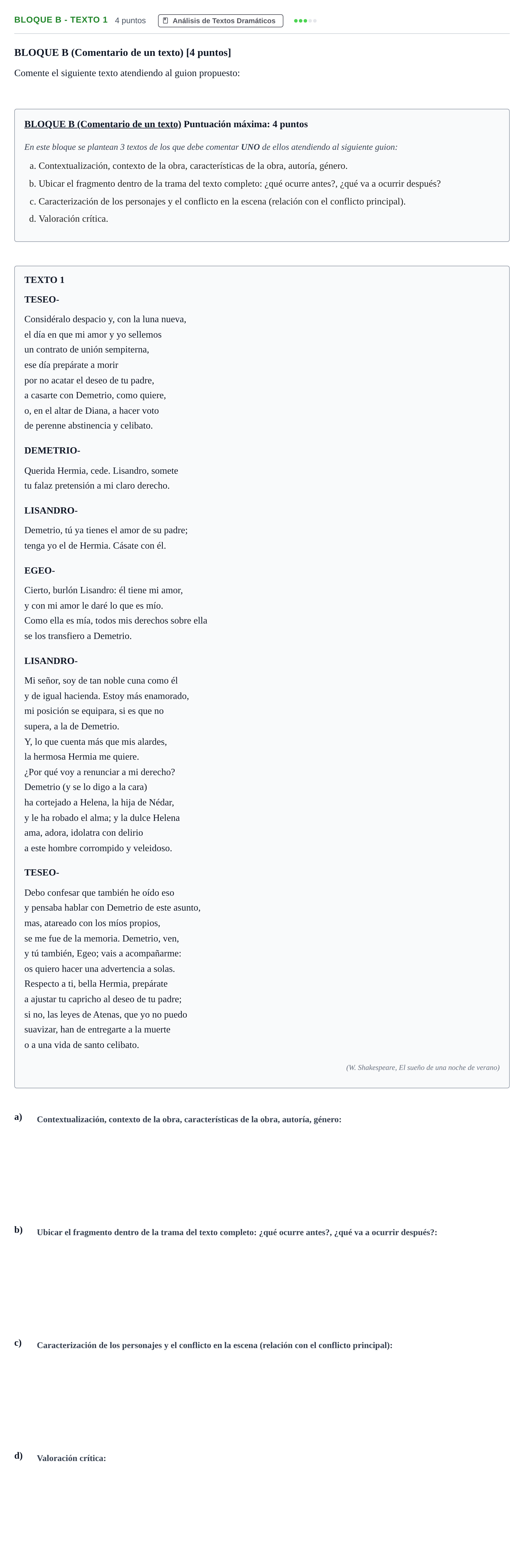 Enunciado: Bloque B - Texto 1 · Artes Escénicas PAU Andalucía Examen A 2020
