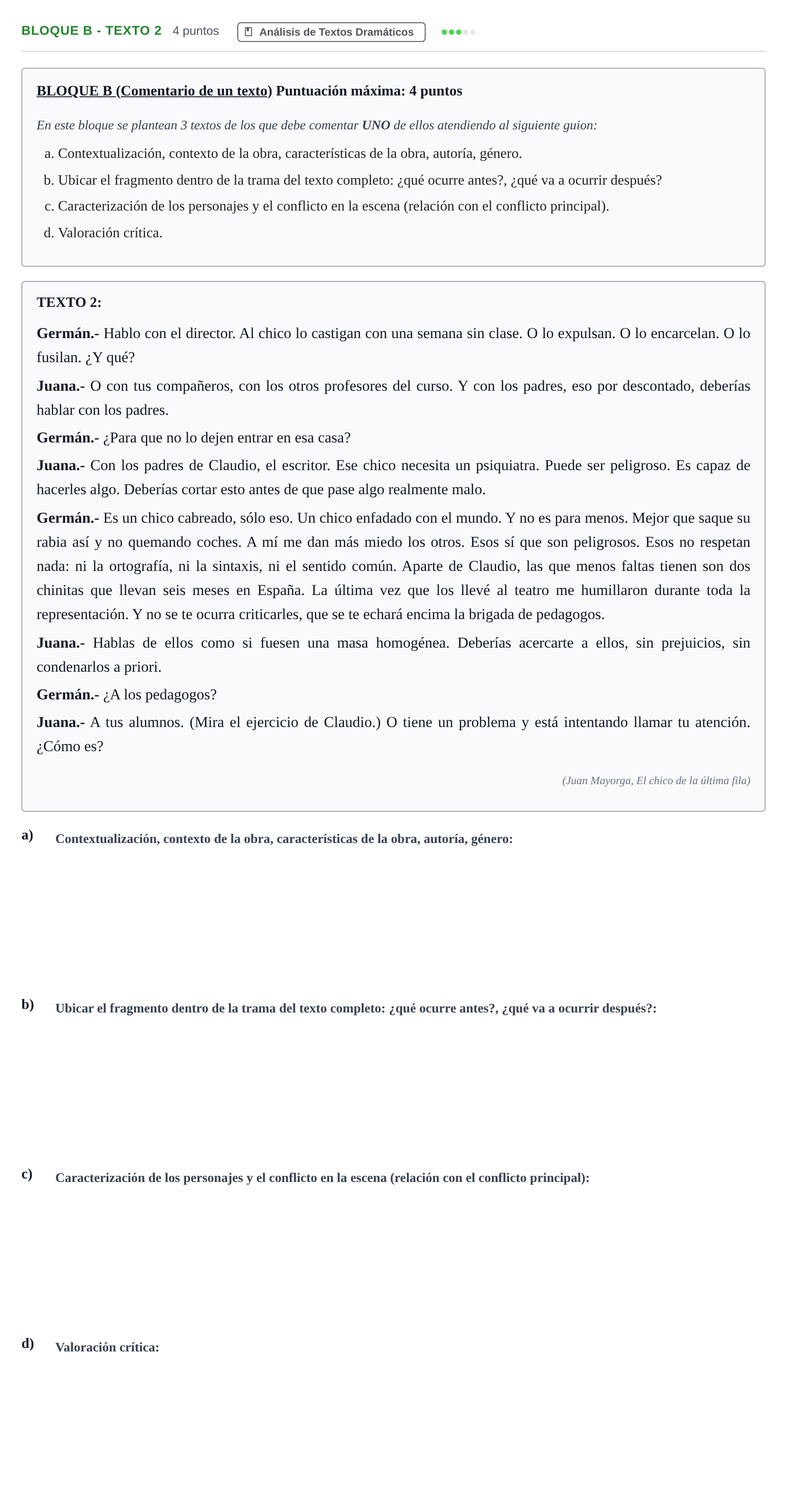 Enunciado: Bloque B - Texto 2 · Artes Escénicas PAU Andalucía Examen A 2020