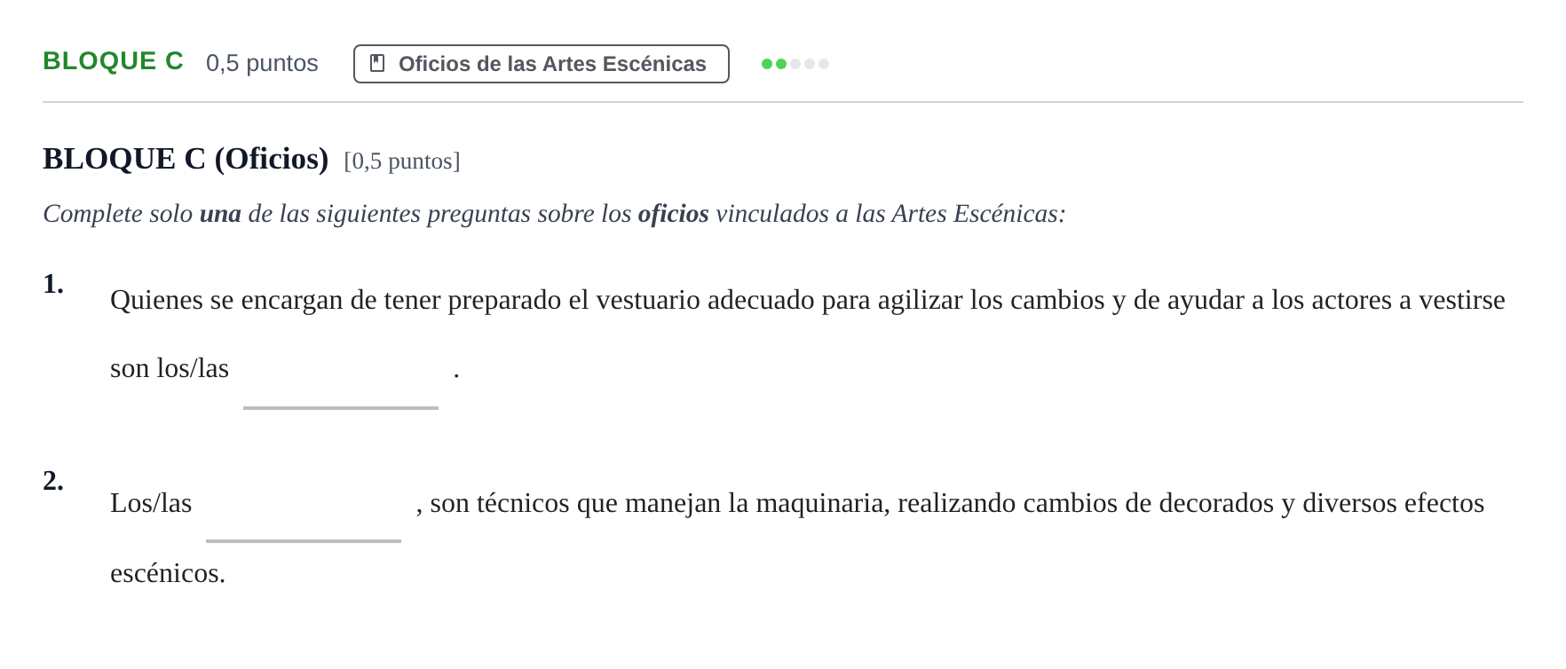Enunciado: Bloque C - Oficios · Artes Escénicas PAU Andalucía Examen A 2020
