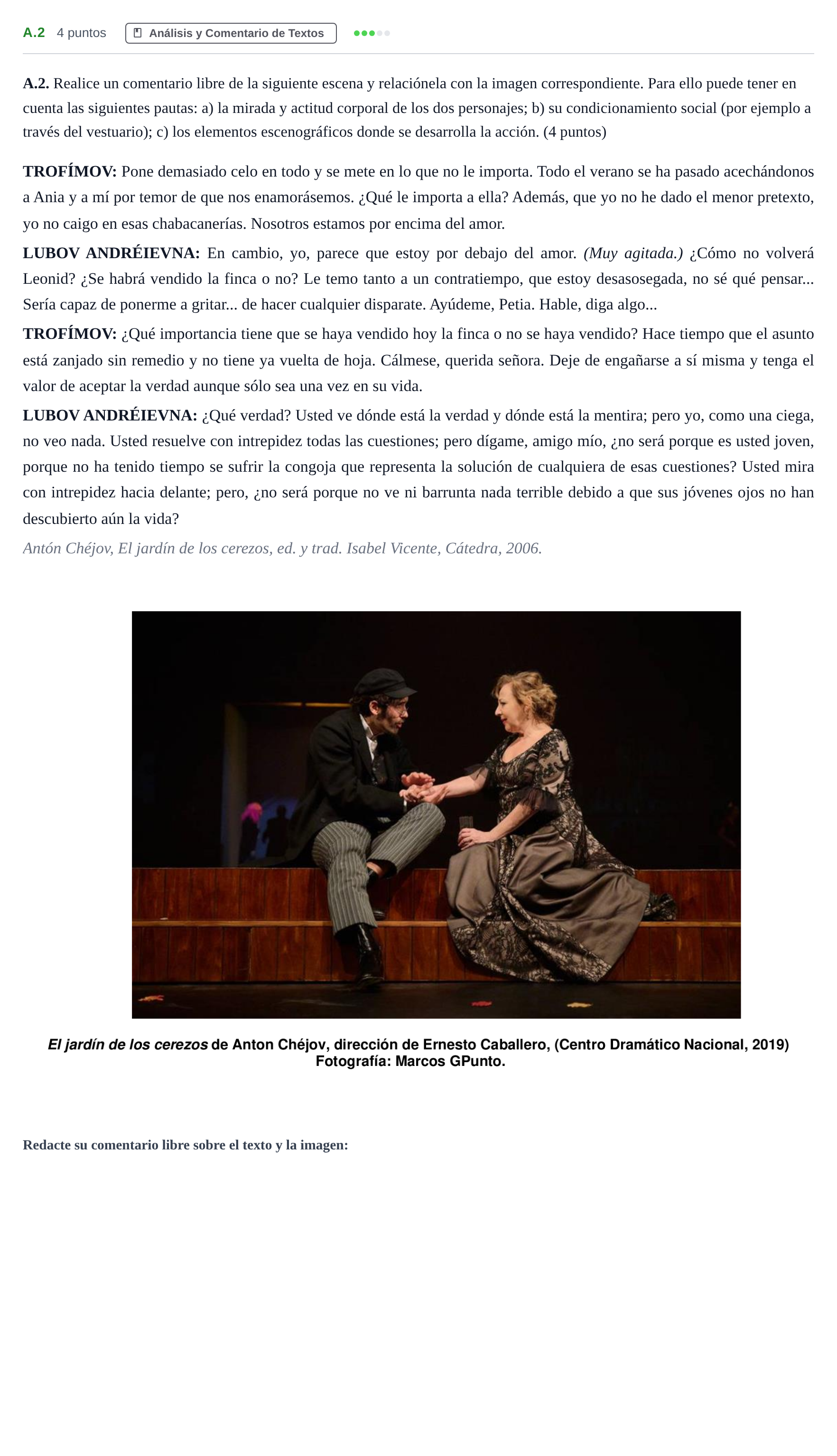 Enunciado: Ejercicio A.2 · Artes Escénicas PAU Madrid Extraordinaria 2020