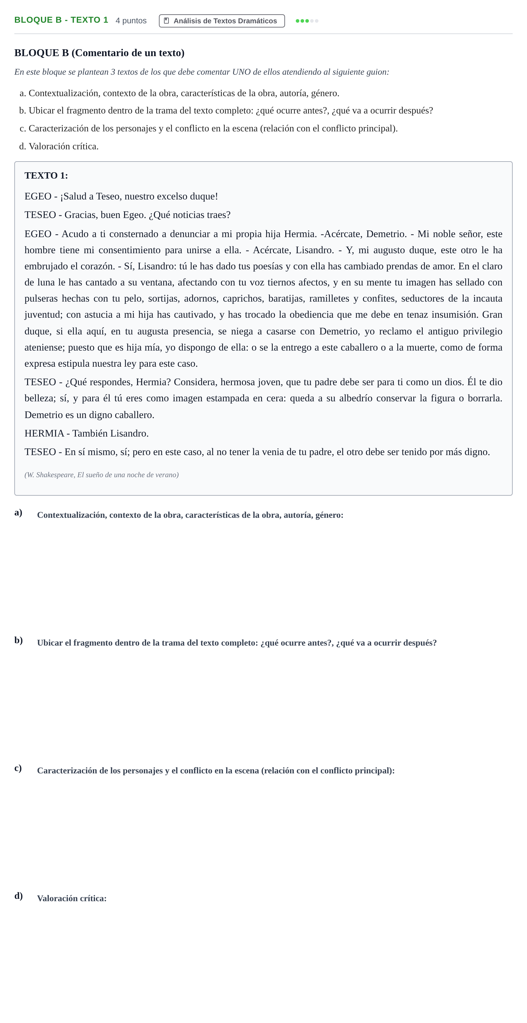 Enunciado: Bloque B - Texto 1 · Artes Escénicas PAU Andalucía Examen B 2020