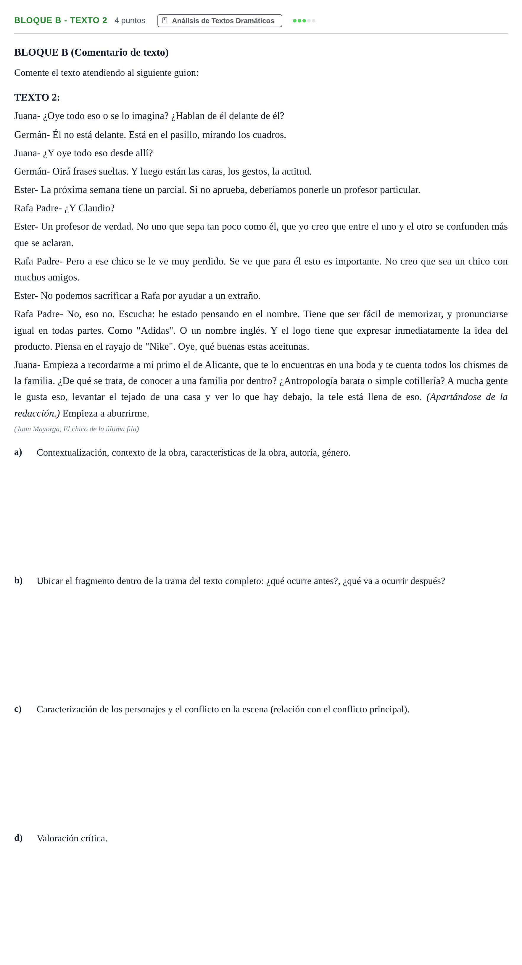 Enunciado: Bloque B - Texto 2 · Artes Escénicas PAU Andalucía Examen B 2020