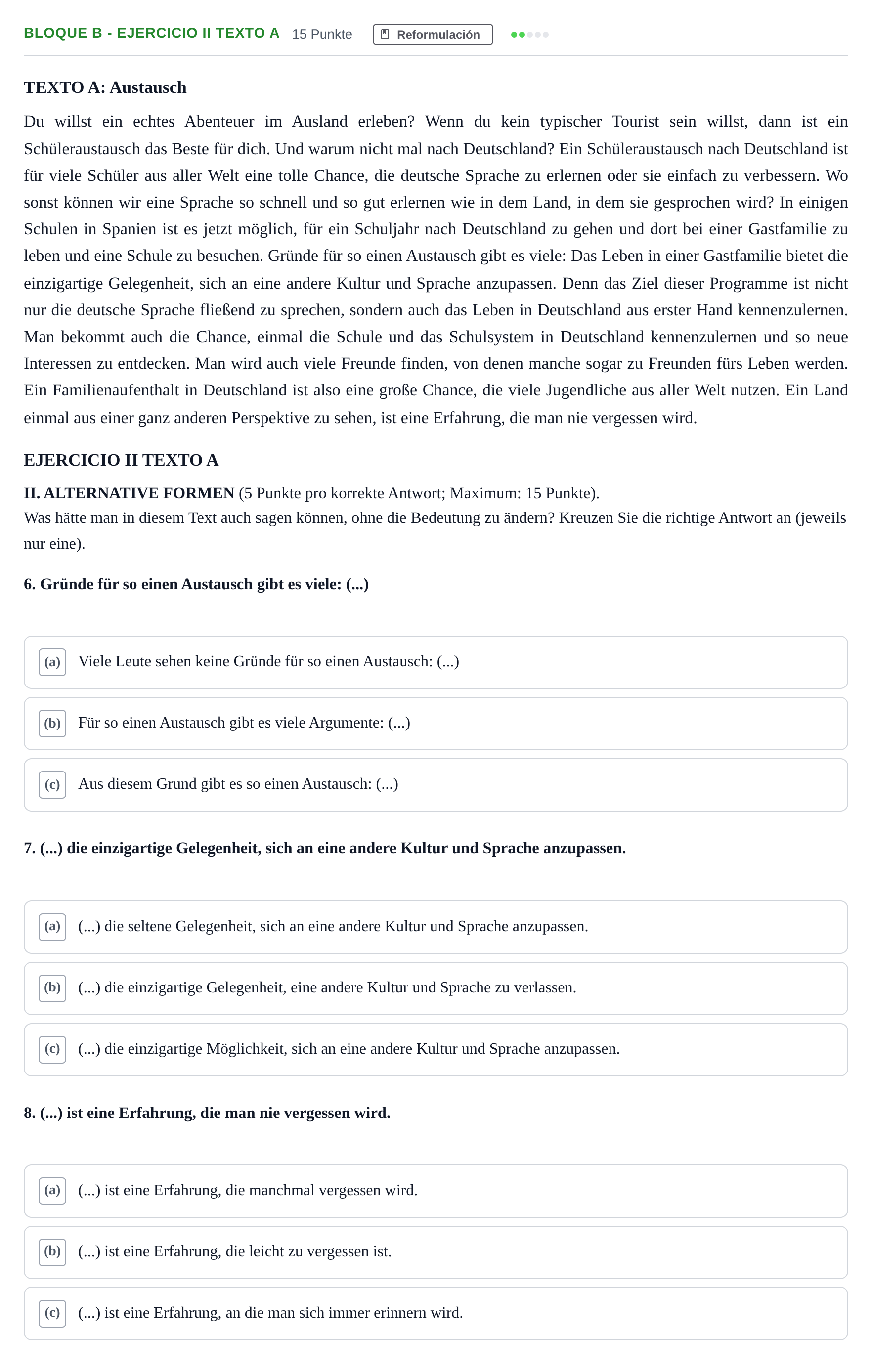 Enunciado: Bloque B - Ejercicio II Texto A · Alemán PAU Andalucía Examen 2 2020