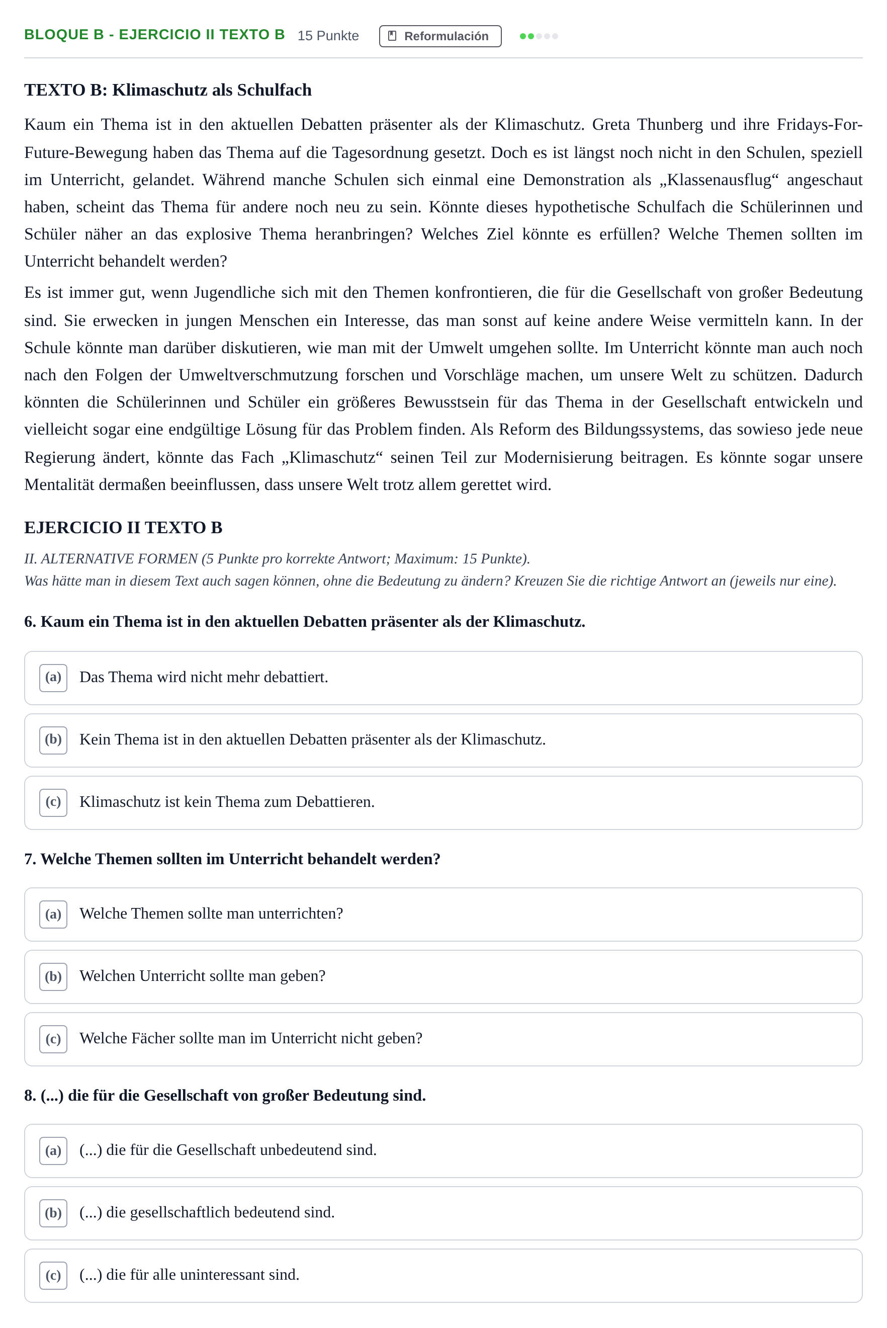 Enunciado: Bloque B - Ejercicio II Texto B · Alemán PAU Andalucía Examen 2 2020