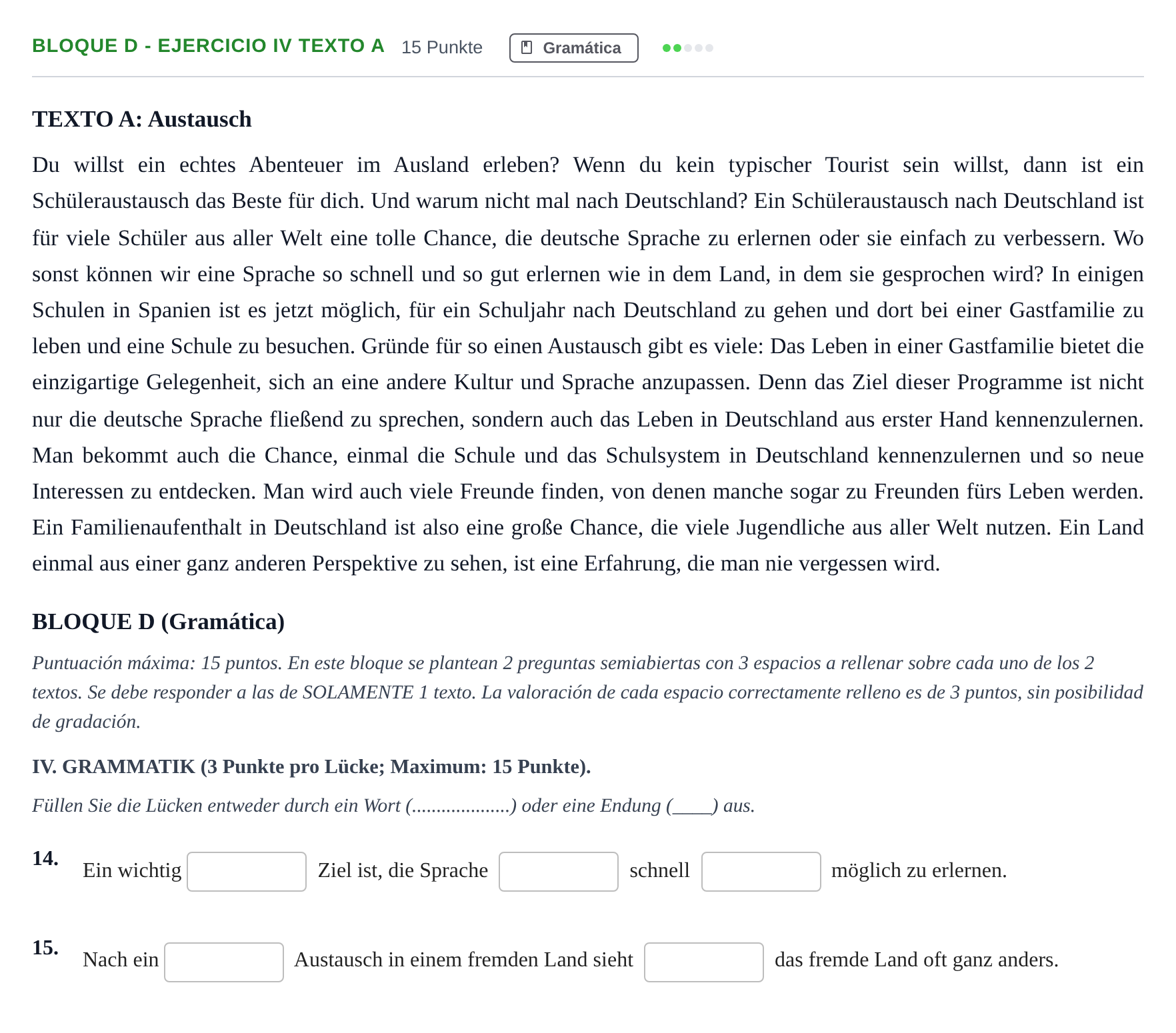 Enunciado: Bloque D - Ejercicio IV Texto A · Alemán PAU Andalucía Examen 2 2020