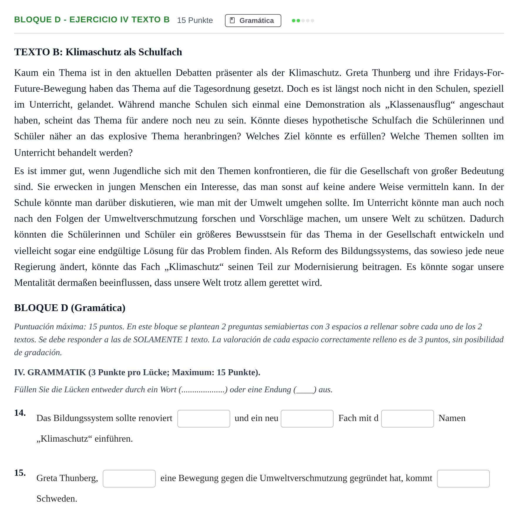 Enunciado: Bloque D - Ejercicio IV Texto B · Alemán PAU Andalucía Examen 2 2020