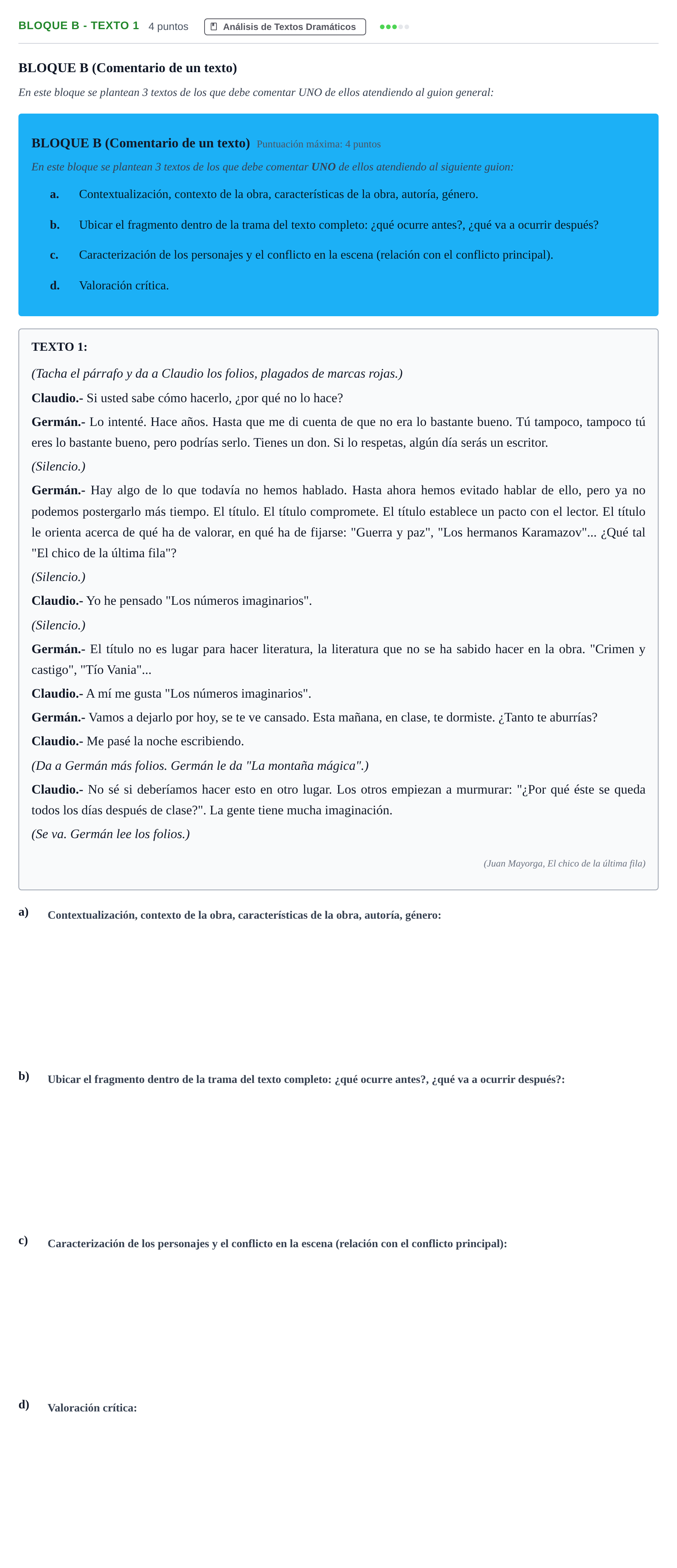 Enunciado: Bloque B - Texto 1 · Artes Escénicas PAU Andalucía Examen C 2020