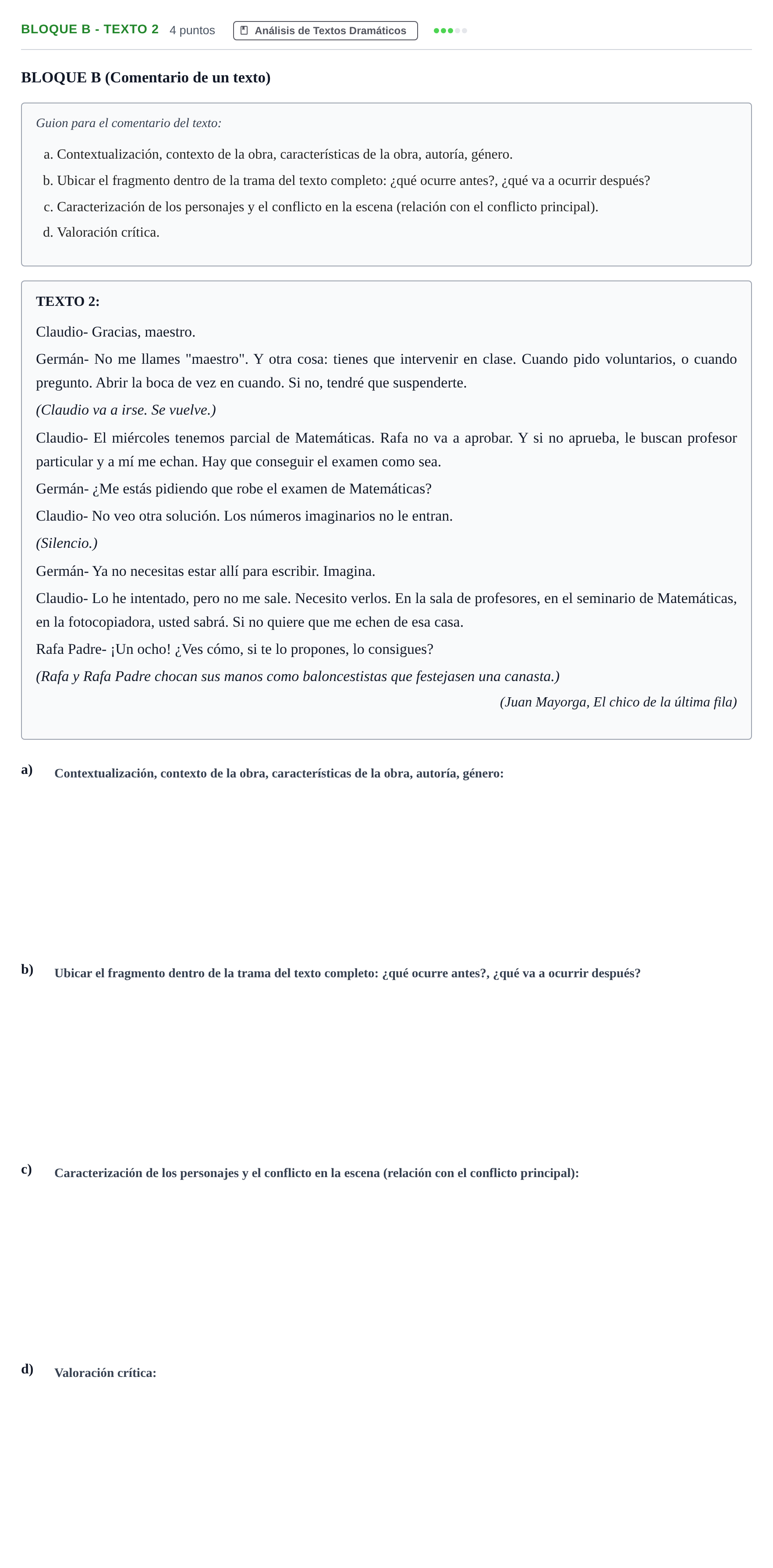 Enunciado: Bloque B - Texto 2 · Artes Escénicas PAU Andalucía Examen D 2020