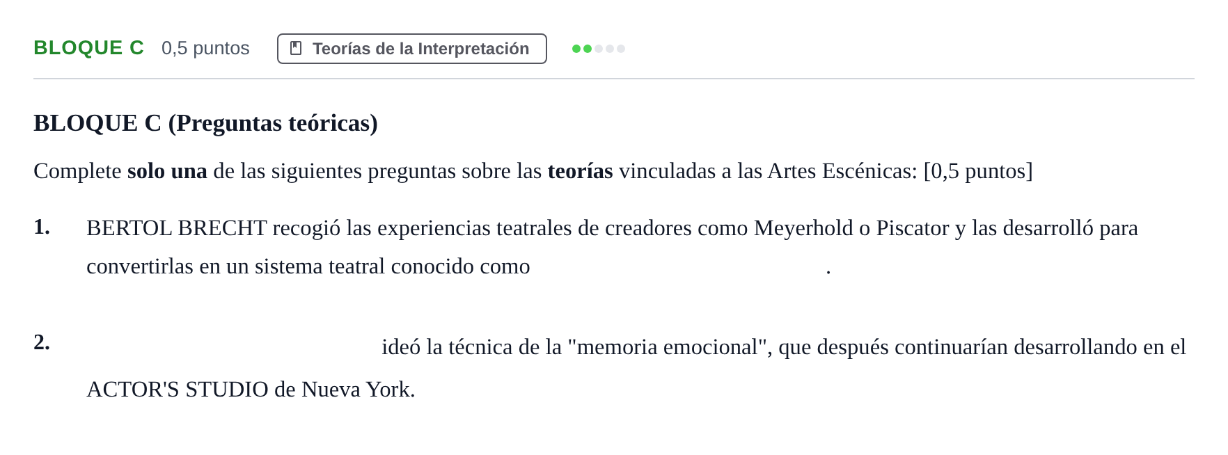 Enunciado: Bloque C - Teorías · Artes Escénicas PAU Andalucía Examen D 2020