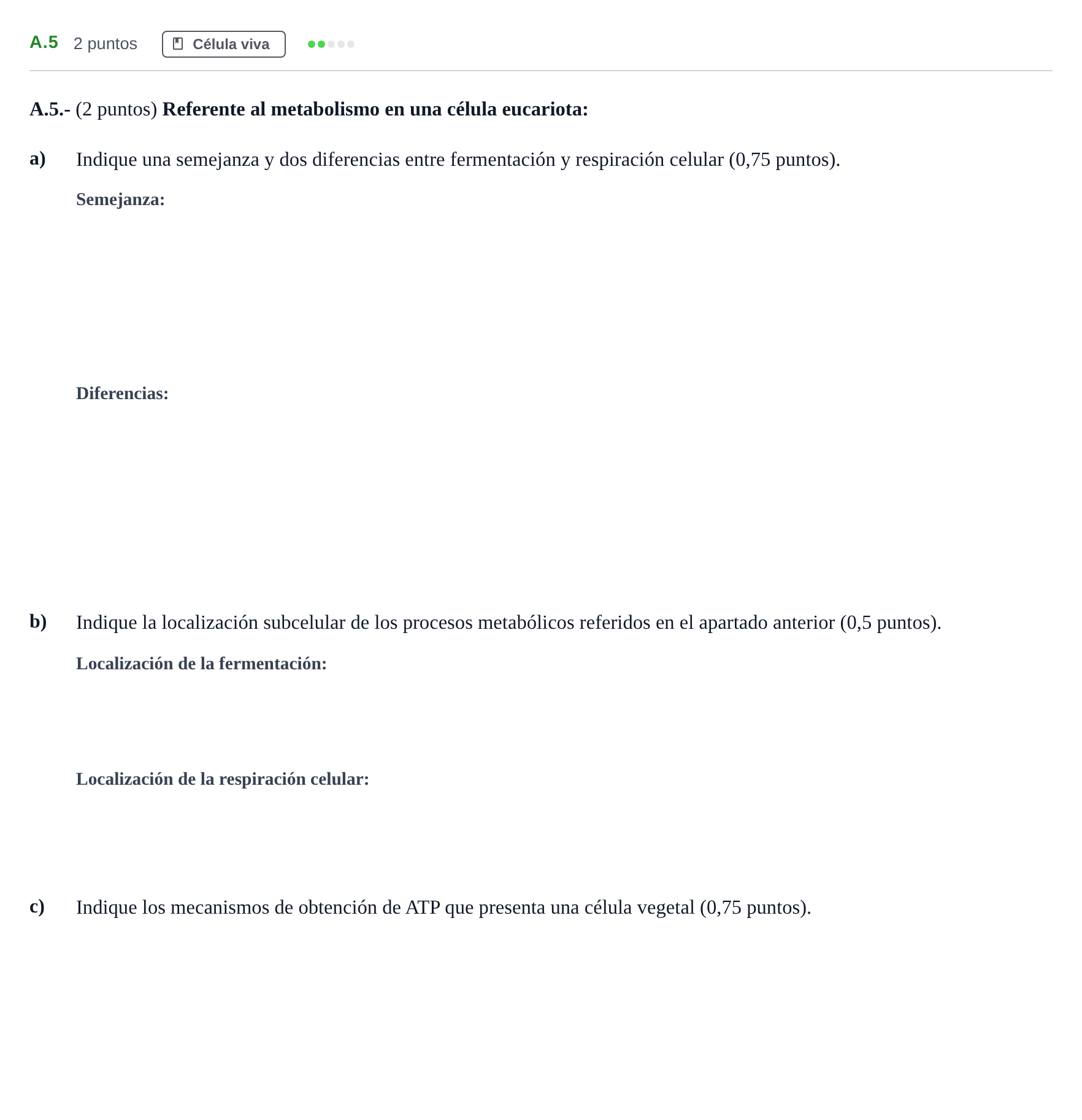 Enunciado: Ejercicio A.5 · Biología PAU Madrid Modelo 2020