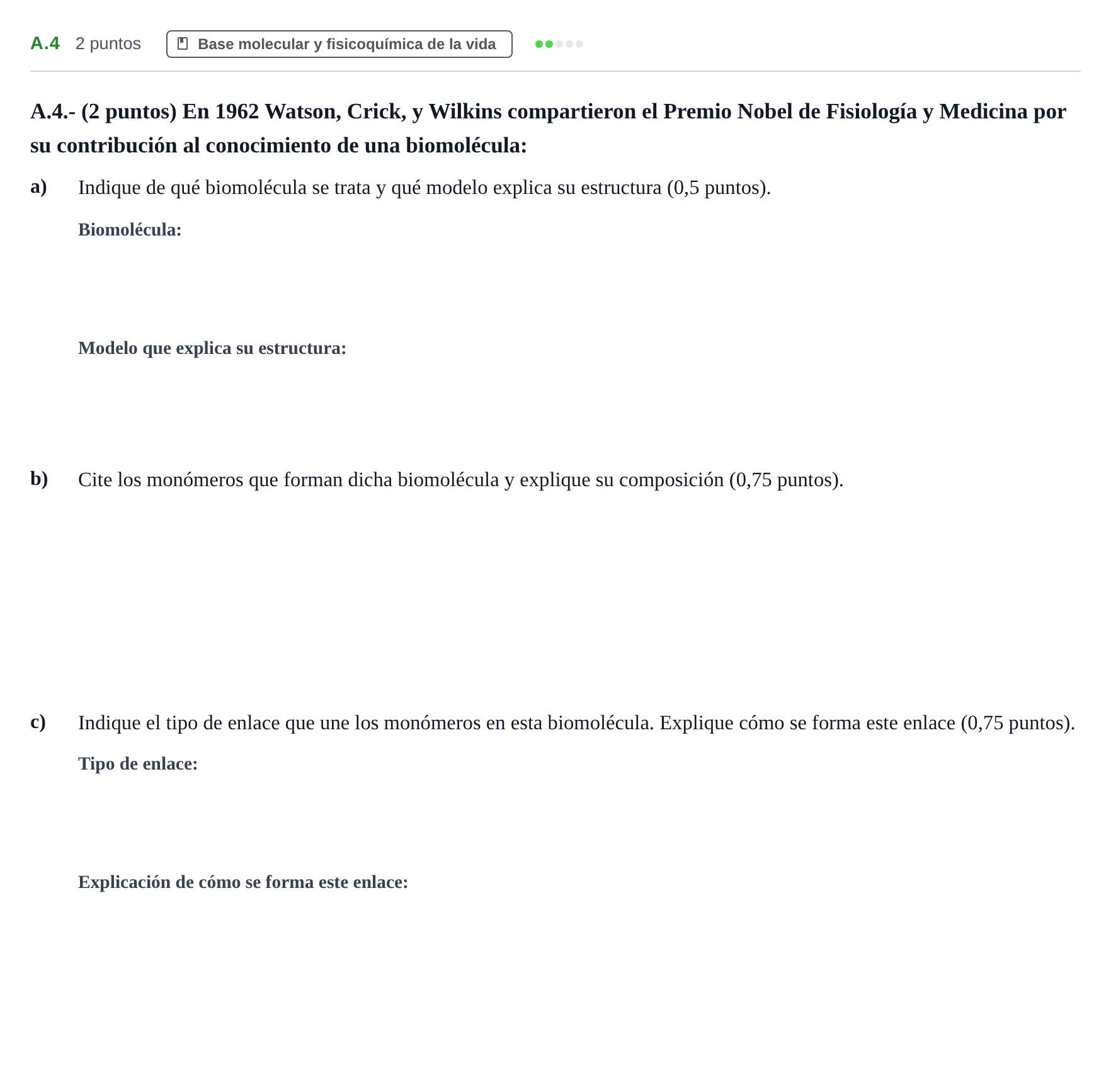 Enunciado: Ejercicio A.4 · Biología PAU Madrid Ordinaria Coincidencias 2020