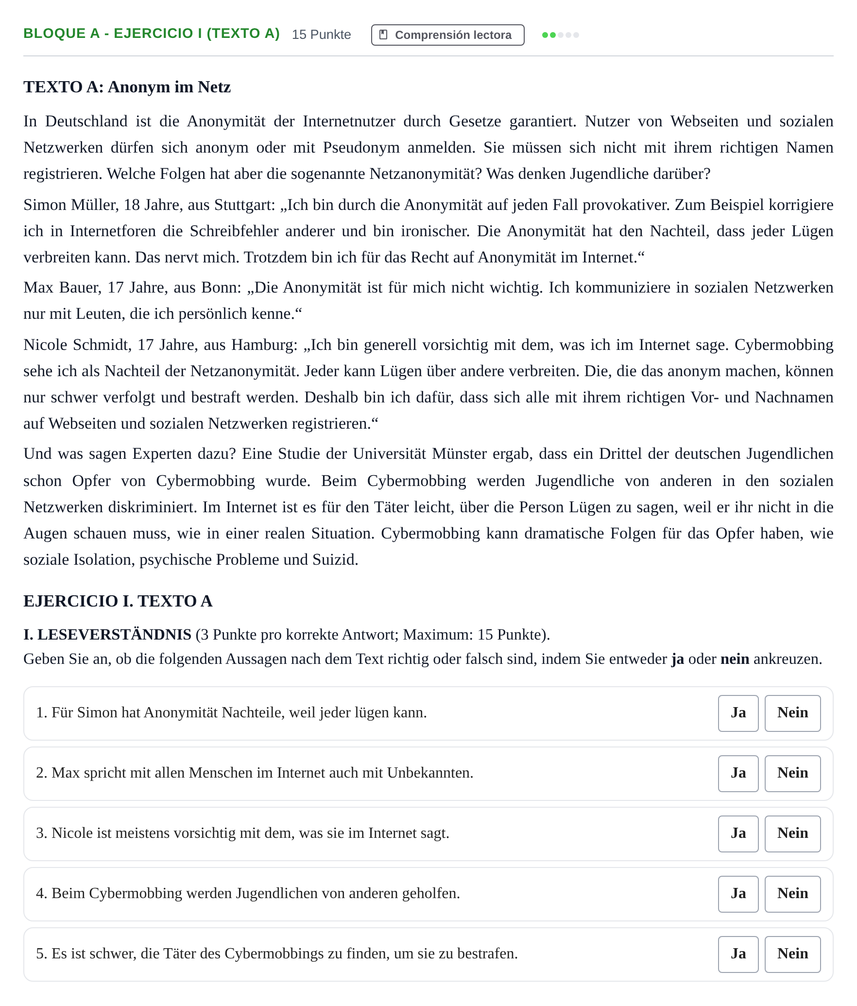 Enunciado: Bloque A - Ejercicio I (Texto A) · Alemán PAU Andalucía Examen 5 2020