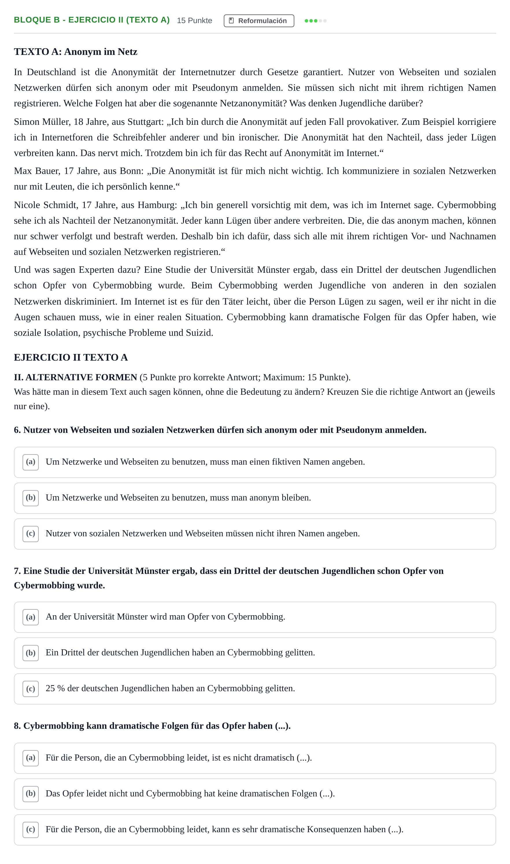 Enunciado: Bloque B - Ejercicio II (Texto A) · Alemán PAU Andalucía Examen 5 2020