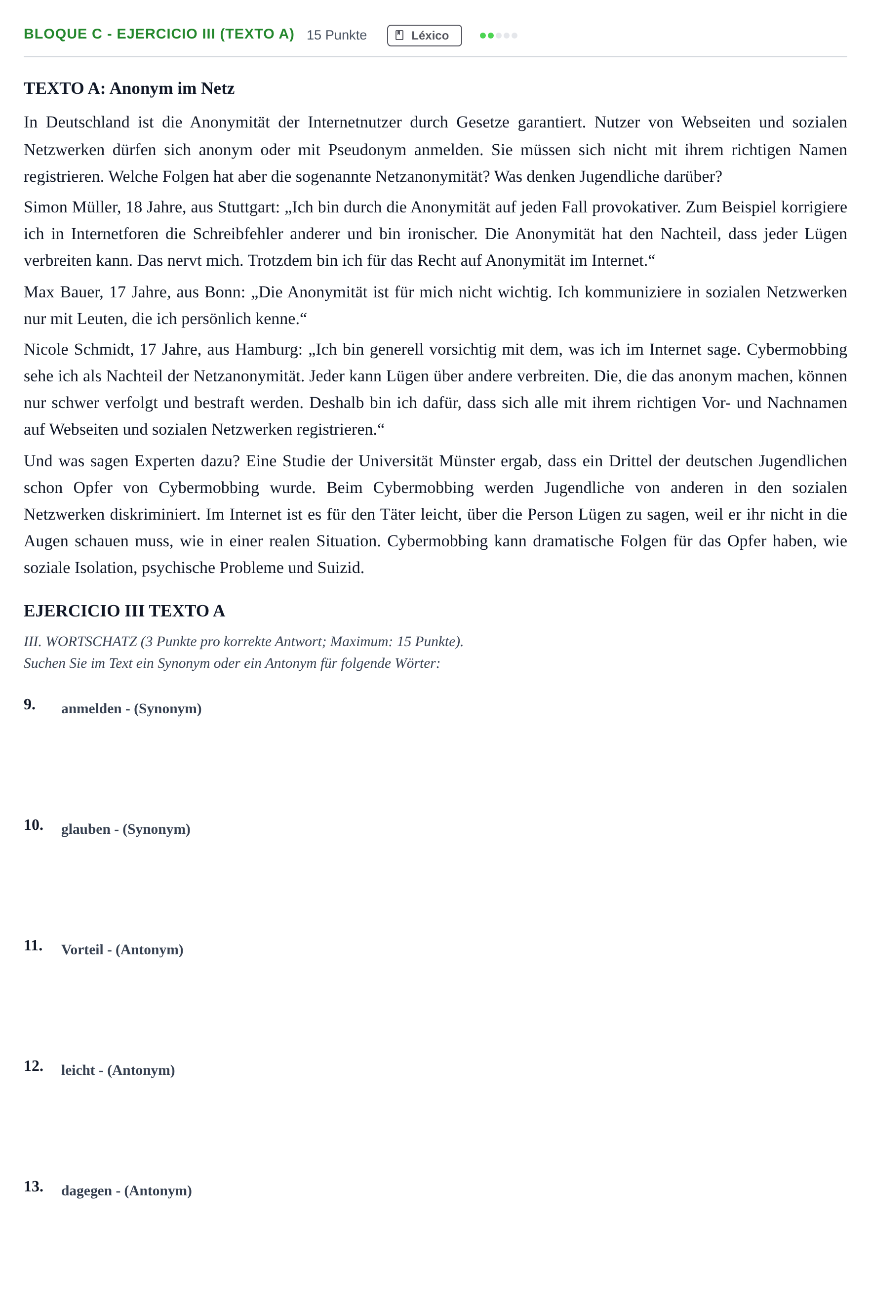 Enunciado: Bloque C - Ejercicio III (Texto A) · Alemán PAU Andalucía Examen 5 2020