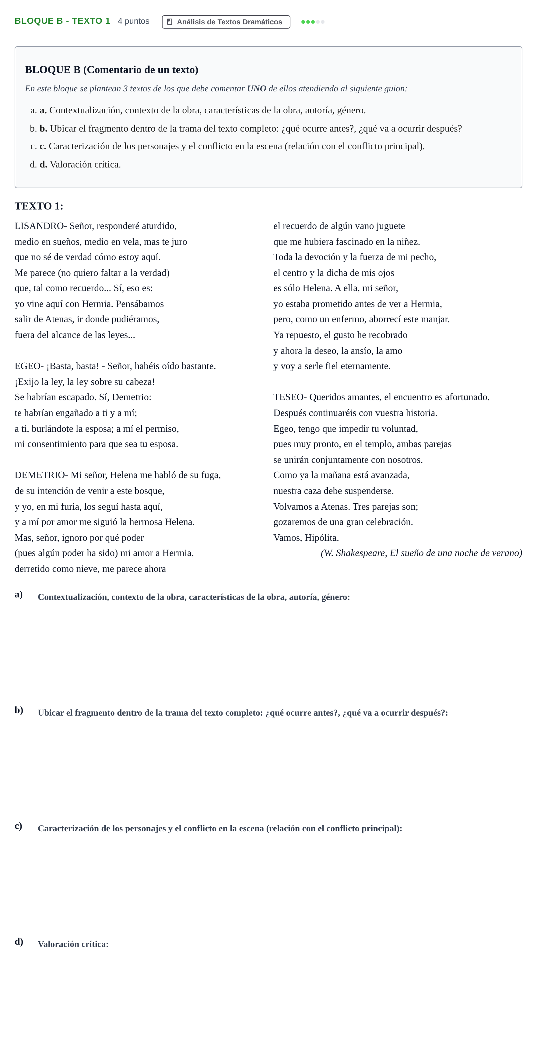 Enunciado: Bloque B - Texto 1 · Artes Escénicas PAU Andalucía Examen F 2020