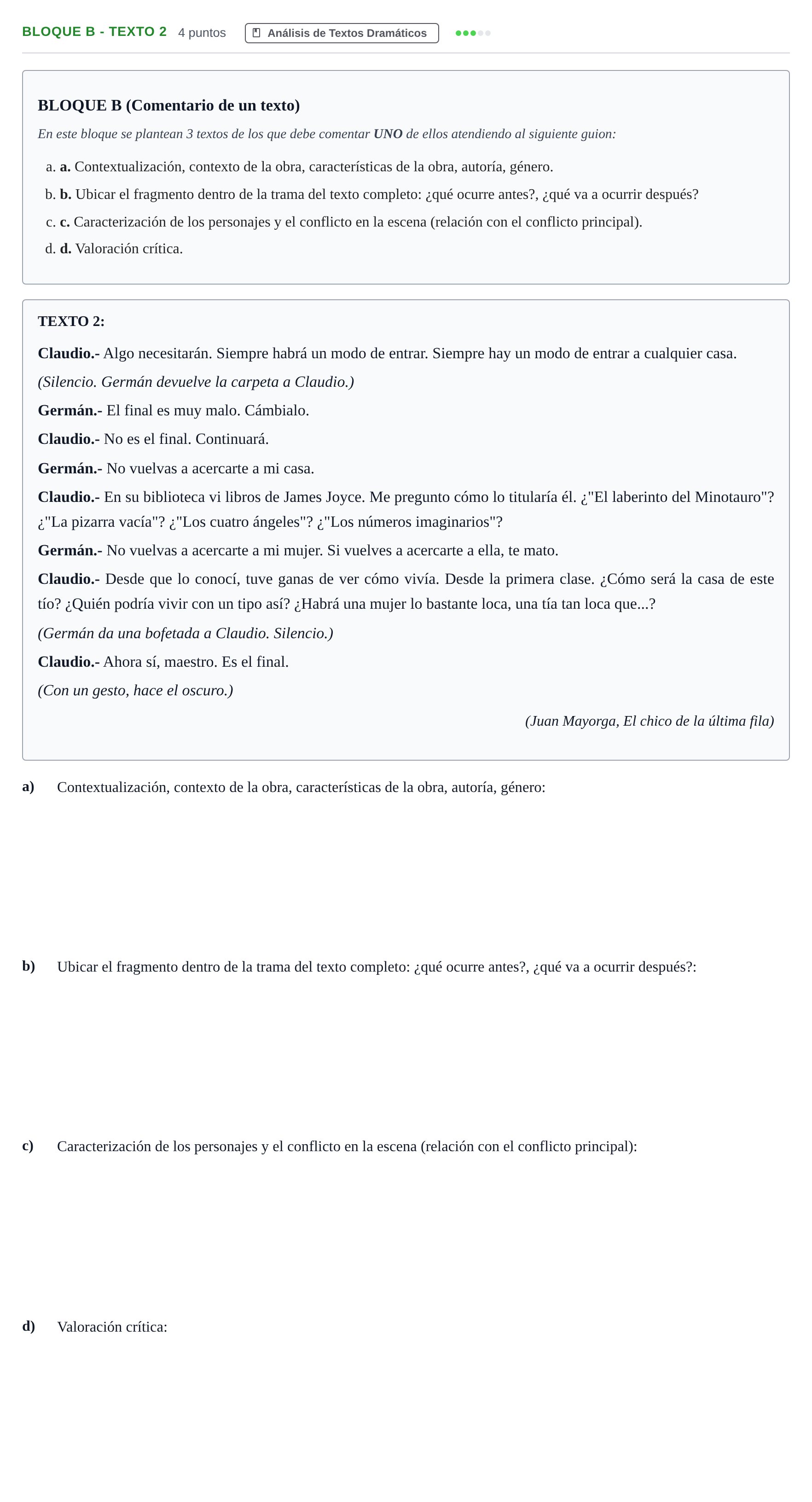 Enunciado: Bloque B - Texto 2 · Artes Escénicas PAU Andalucía Examen F 2020
