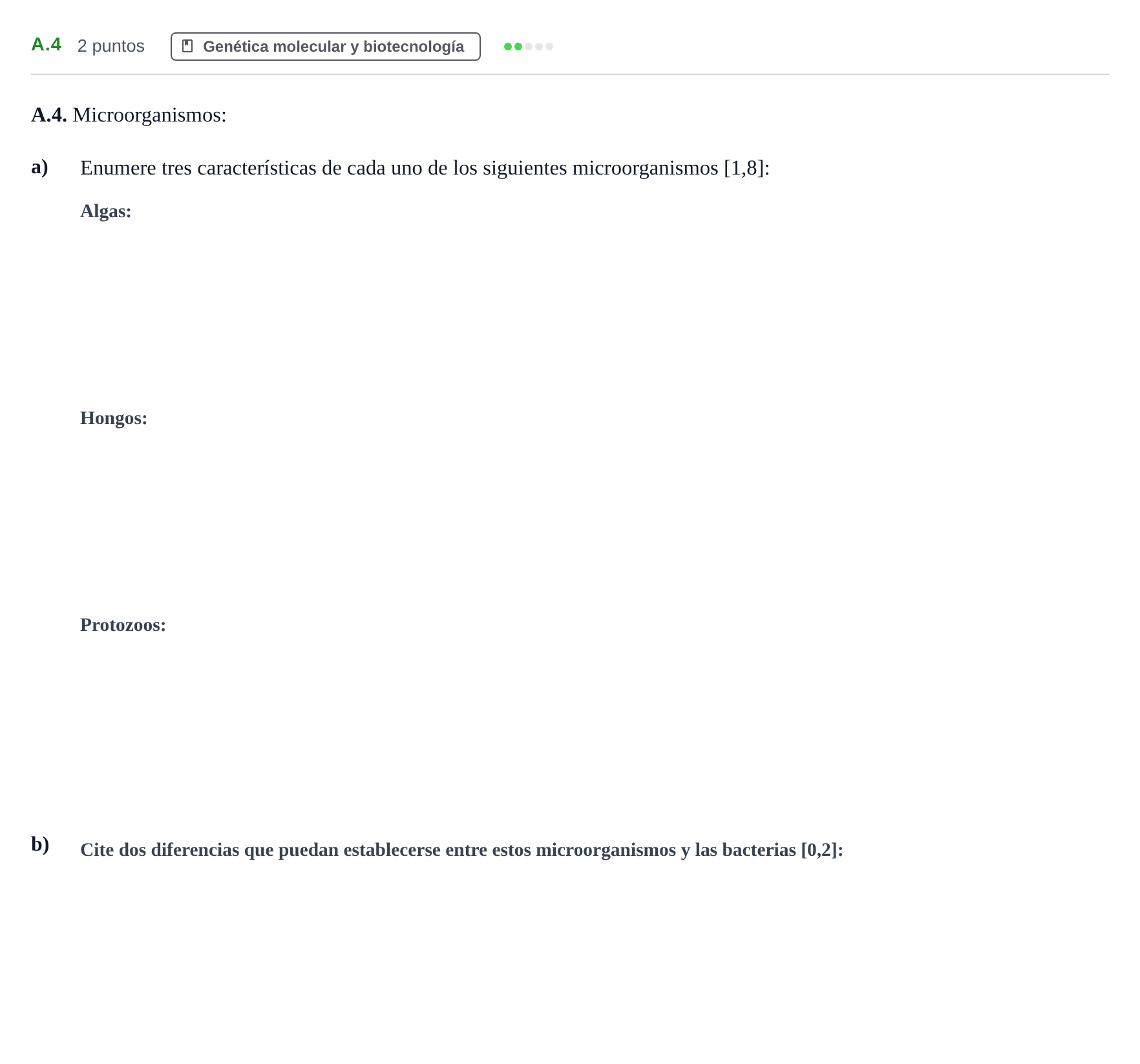 Enunciado: Ejercicio A.4 · Biología PAU Andalucía Examen 2 2020