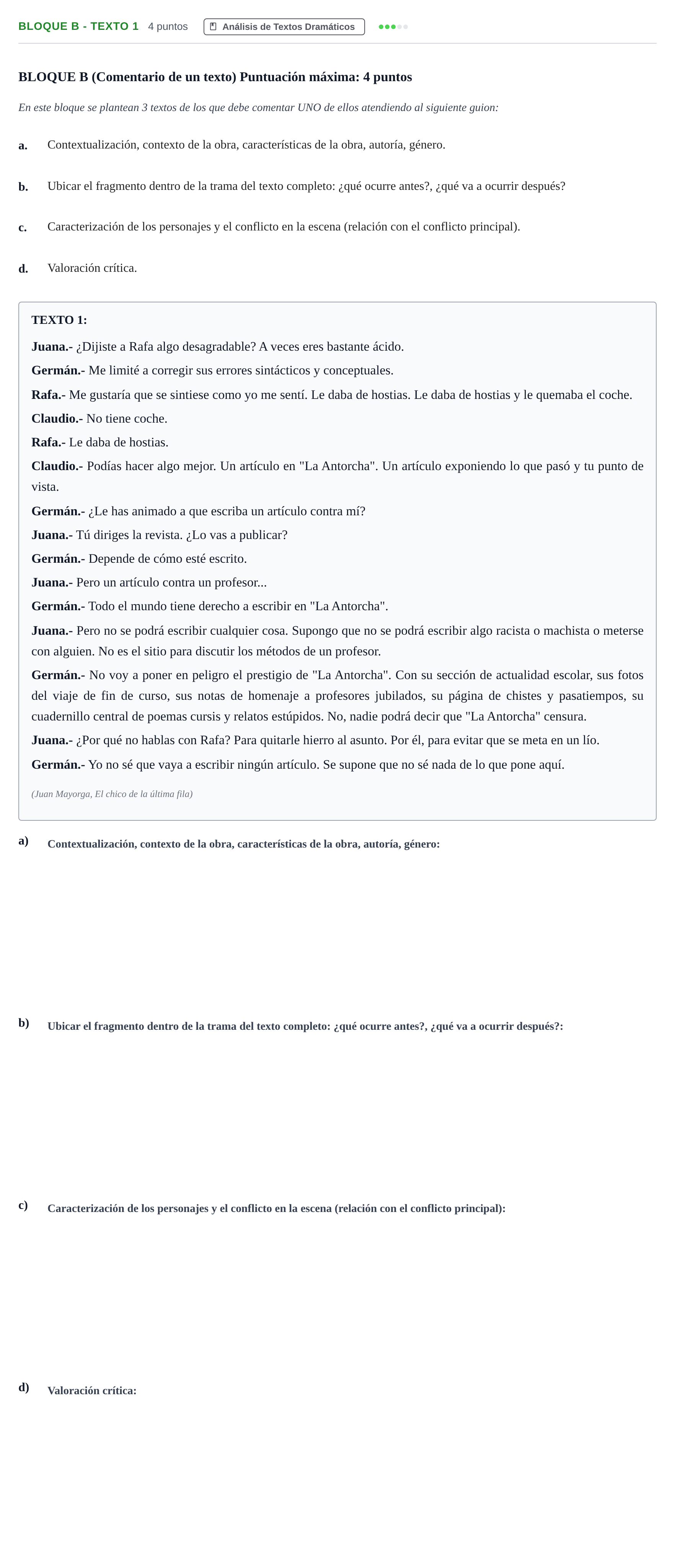 Enunciado: Bloque B - Texto 1 · Artes Escénicas PAU Andalucía Examen E 2020