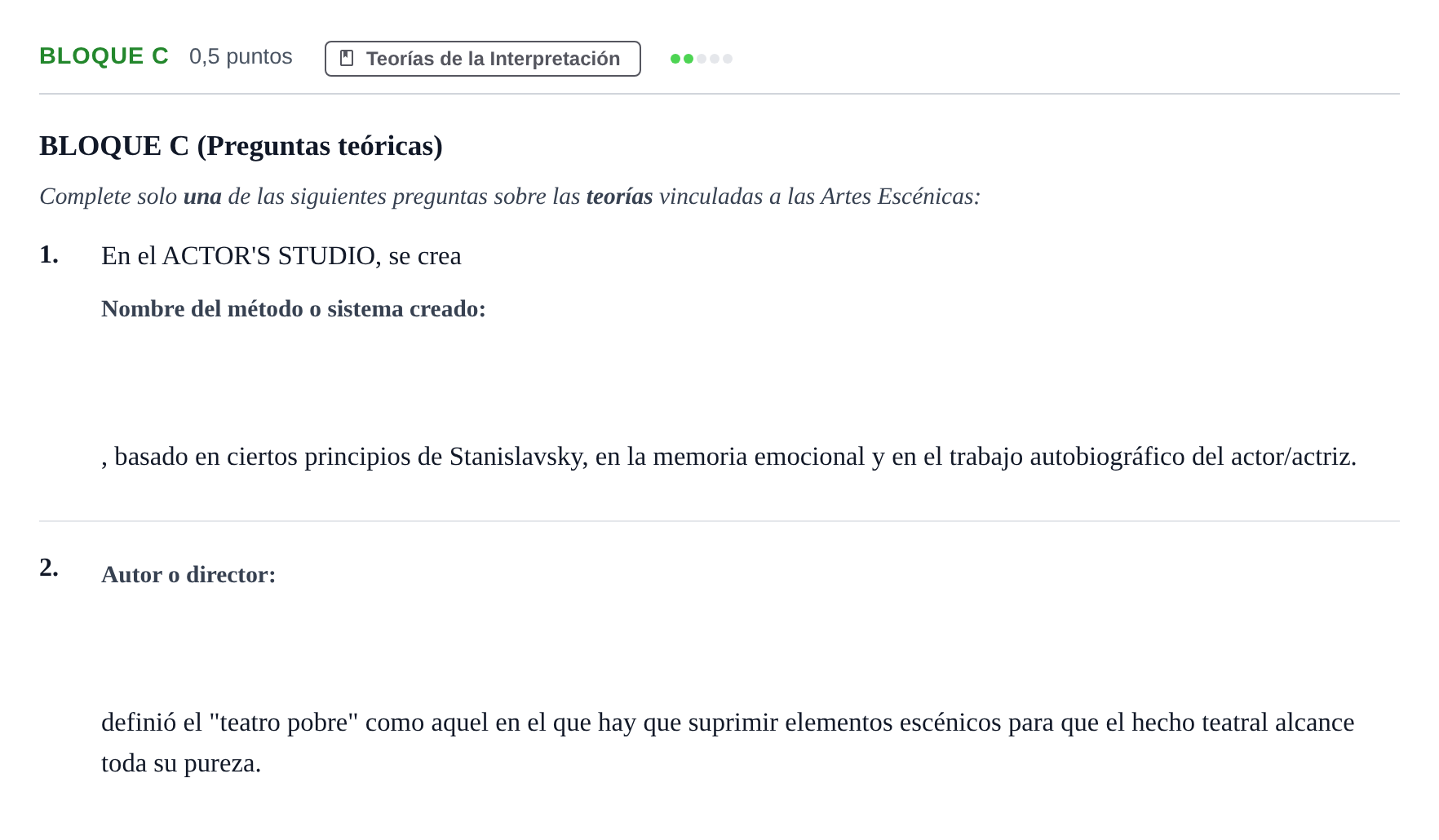 Enunciado: Bloque C - Teorías · Artes Escénicas PAU Andalucía Examen E 2020