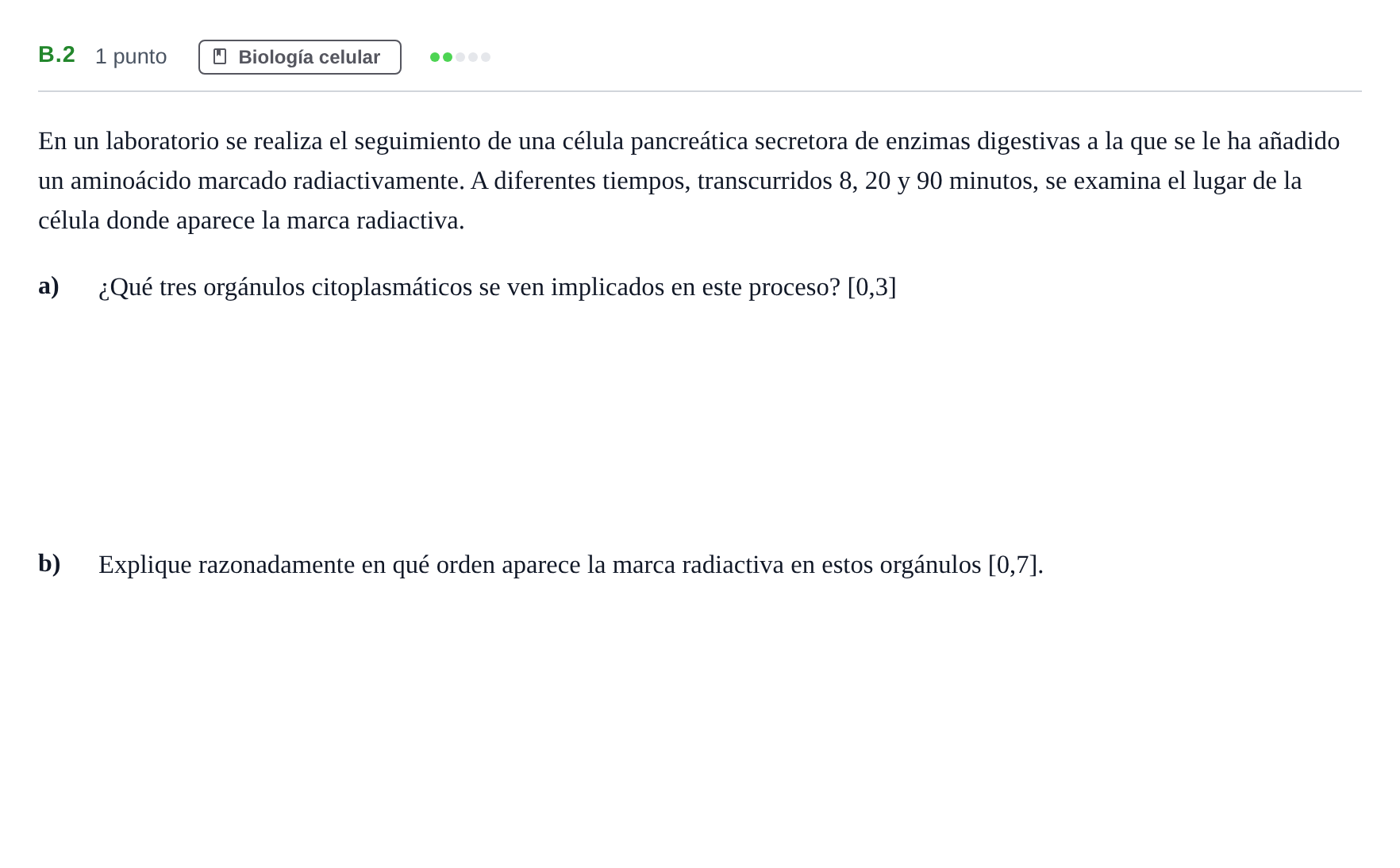 Enunciado: Ejercicio B.2 · Biología PAU Andalucía Examen 1 2020