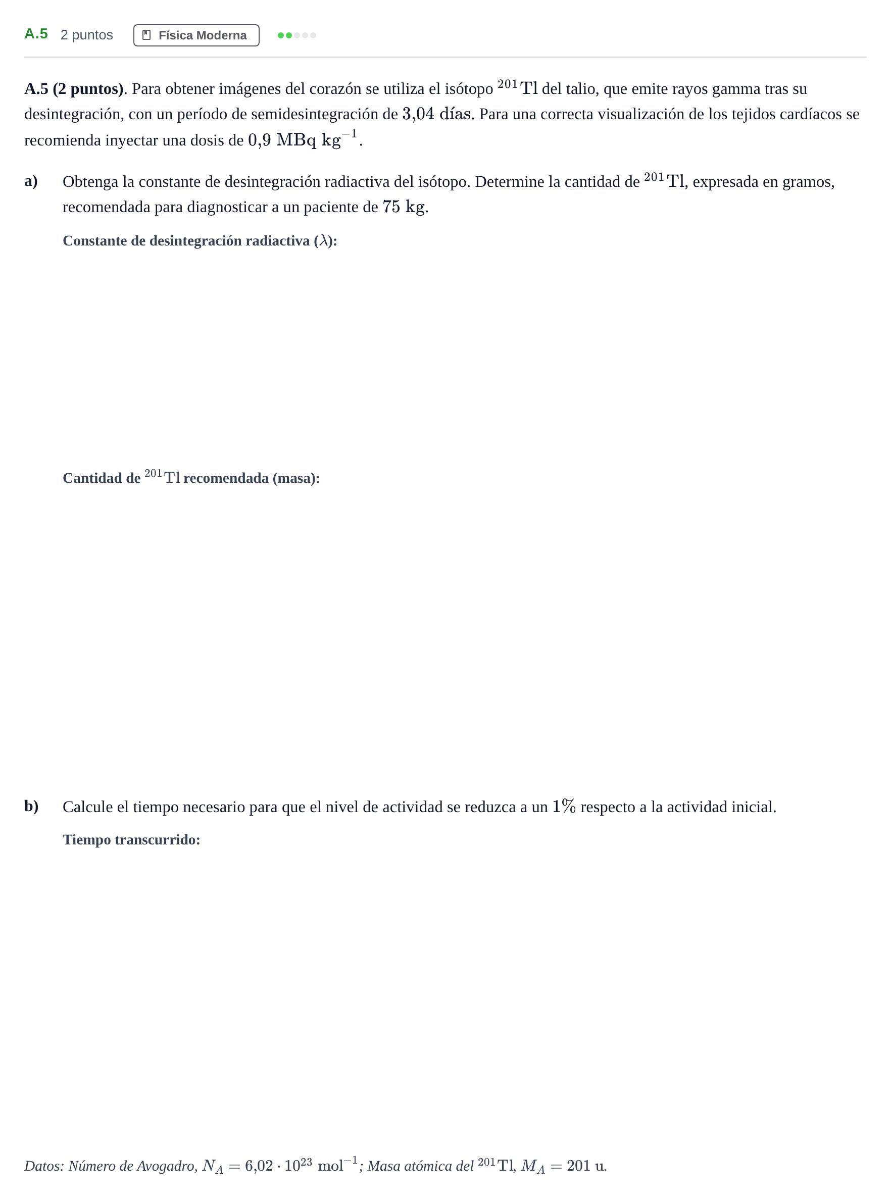 Enunciado: Ejercicio A.5 · Física PAU Madrid Extraordinaria 2020