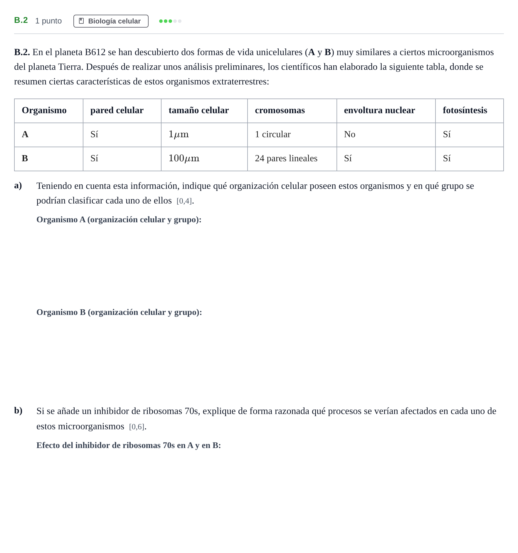 Enunciado: Ejercicio B.2 · Biología PAU Andalucía Examen 6 2020