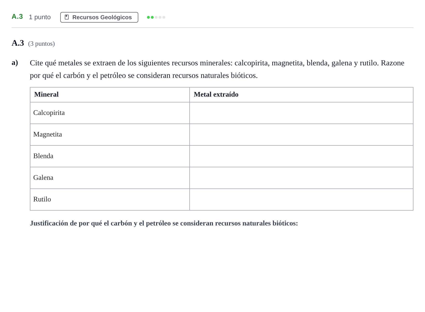 Enunciado: Ejercicio A.3 - Recursos Geológicos · Geología PAU Madrid Extraordinaria 2020