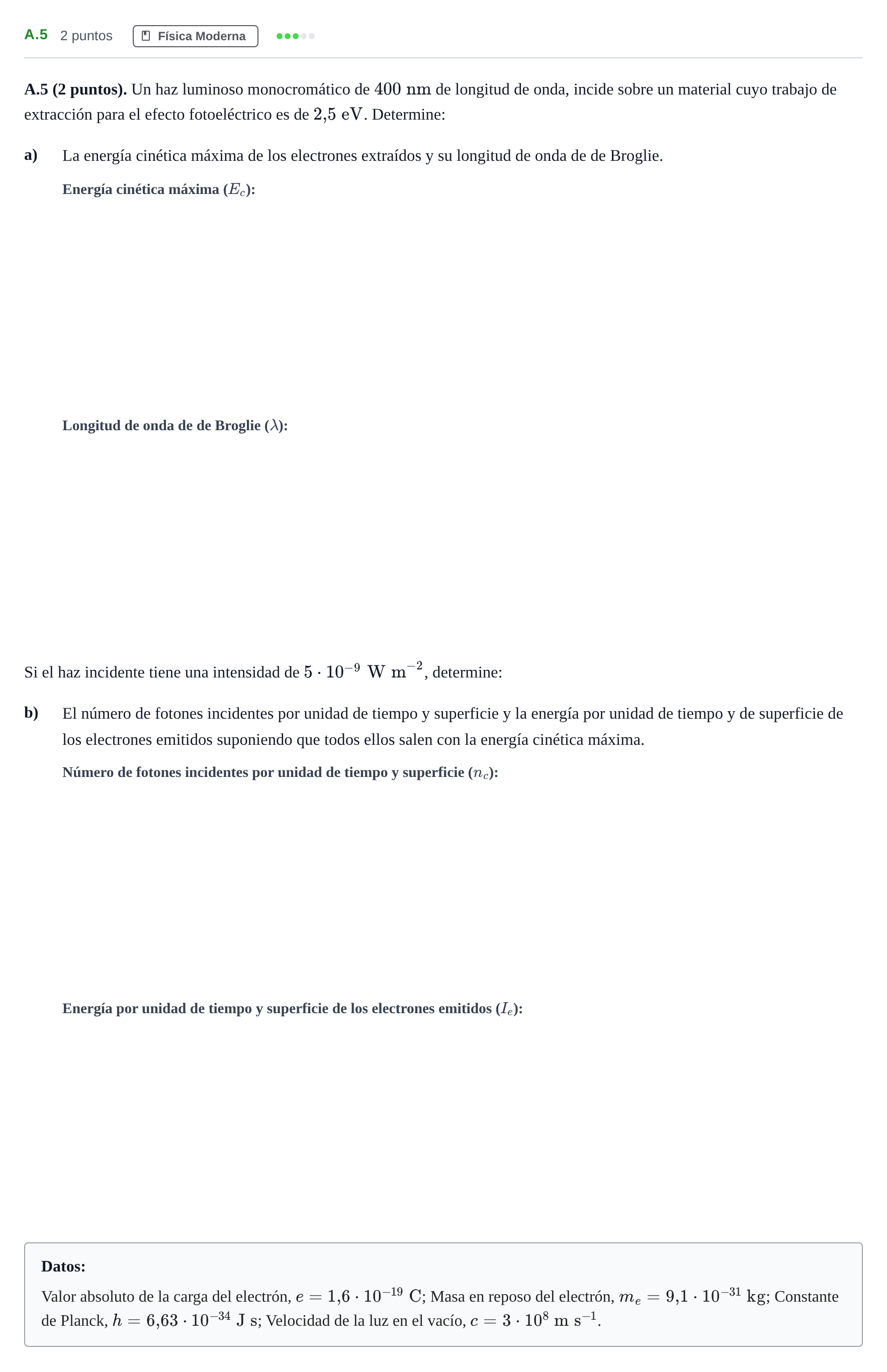 Enunciado: Ejercicio A.5 · Física PAU Madrid Modelo 2020