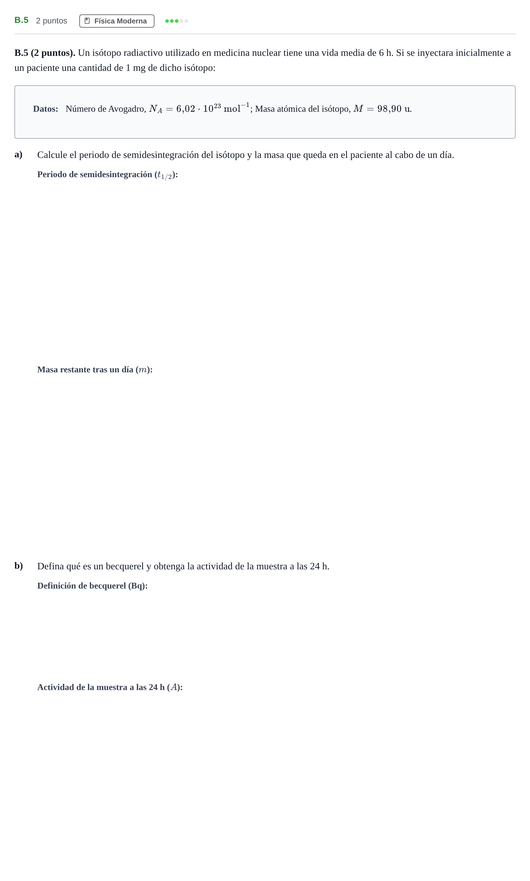 Enunciado: Ejercicio B.5 · Física PAU Madrid Modelo 2020