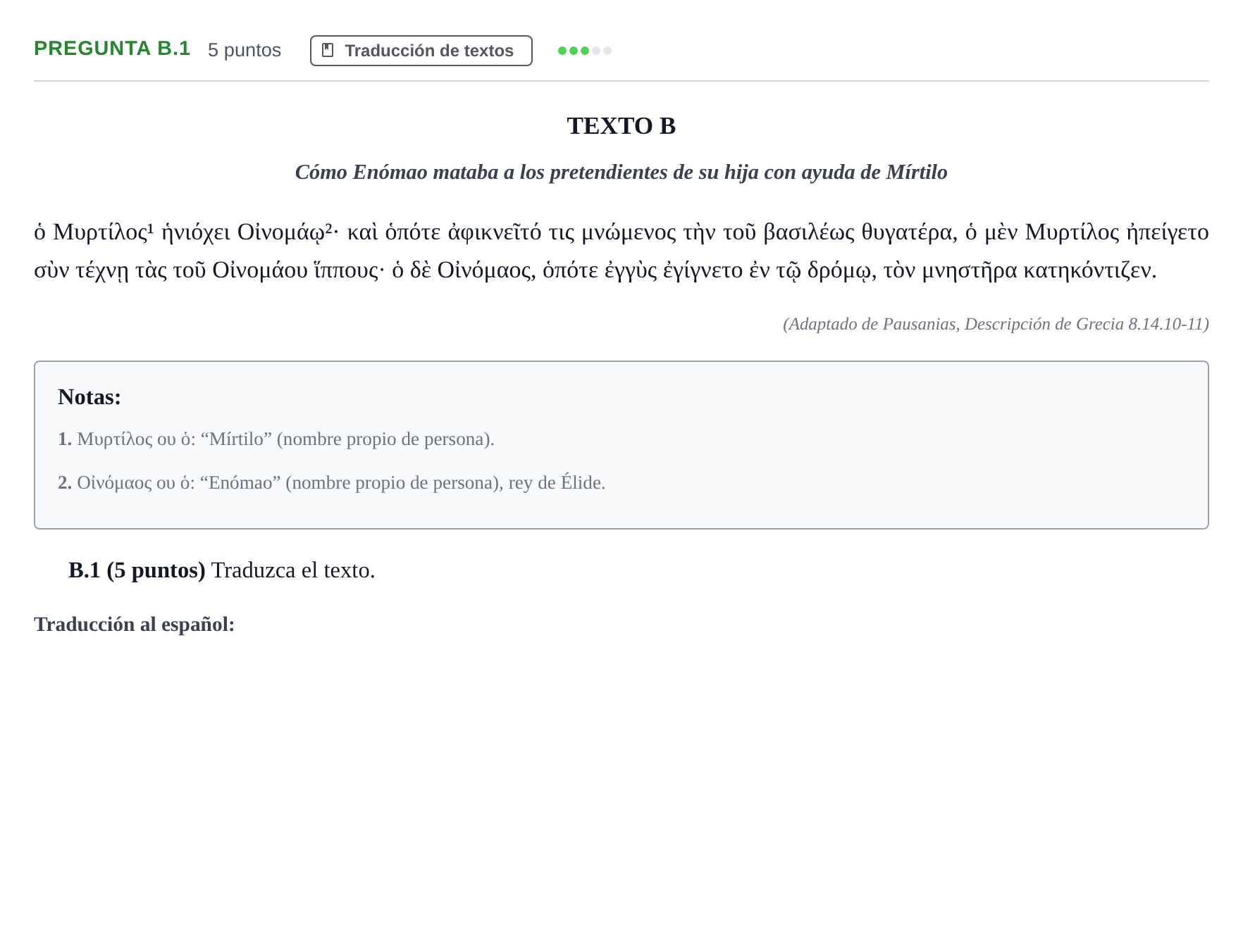 Enunciado: Pregunta B.1 · Griego II PAU Madrid Modelo 2020
