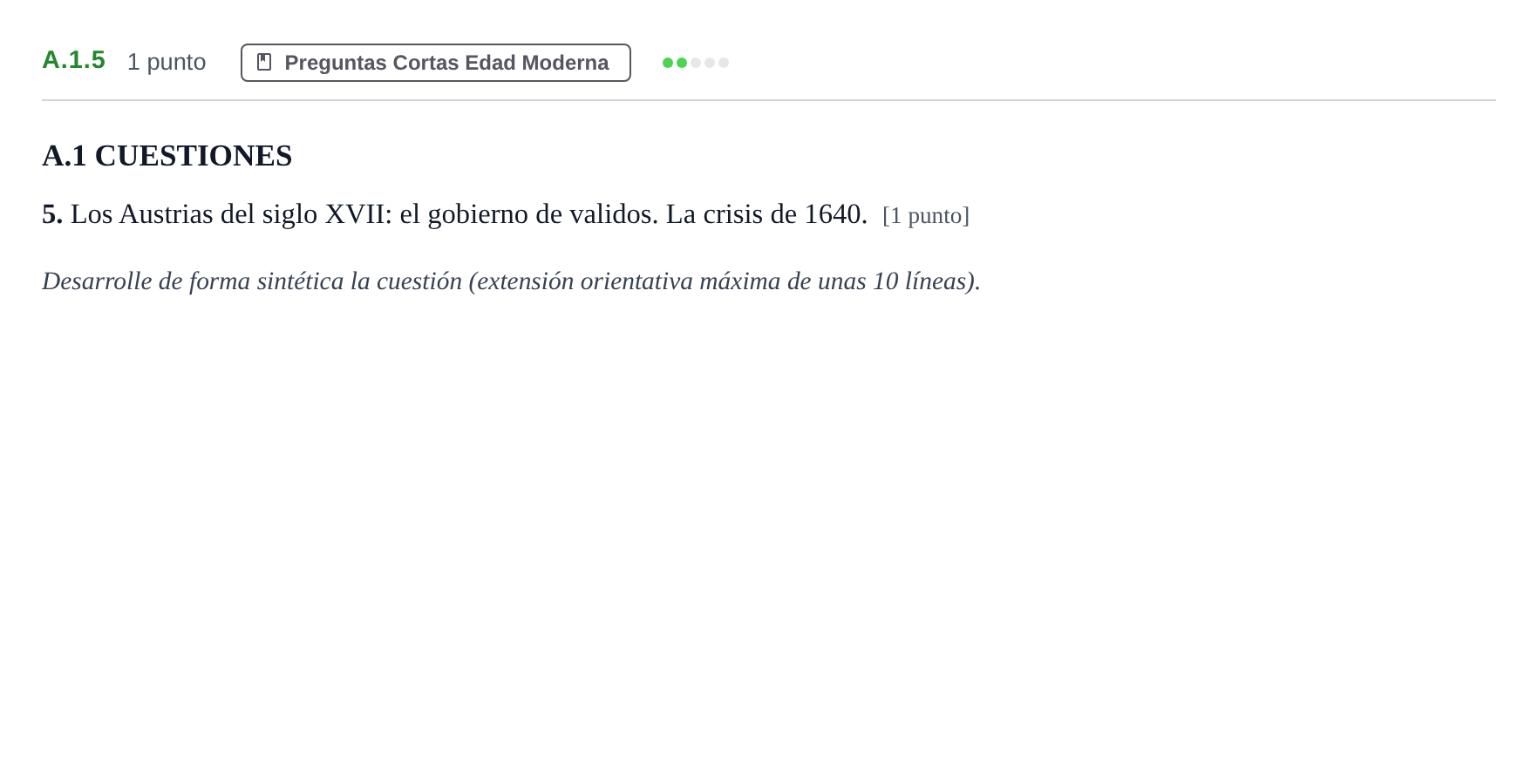 Enunciado: Ejercicio A.1.5 · Historia de España PAU Madrid Extraordinaria Coincidencias 2020