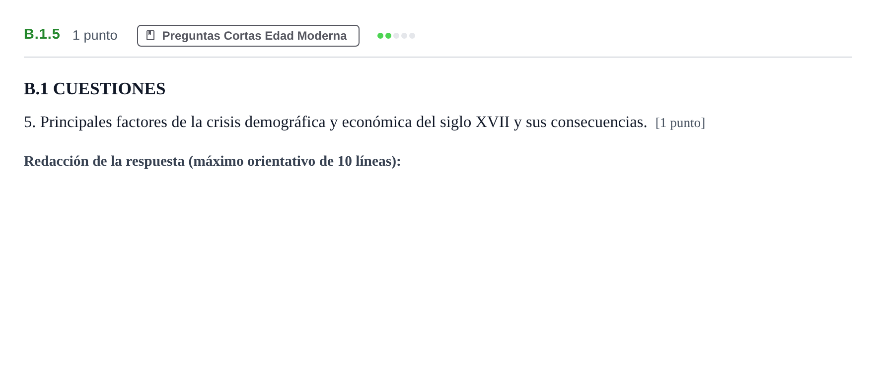 Enunciado: Ejercicio B.1.5 · Historia de España PAU Madrid Extraordinaria Coincidencias 2020