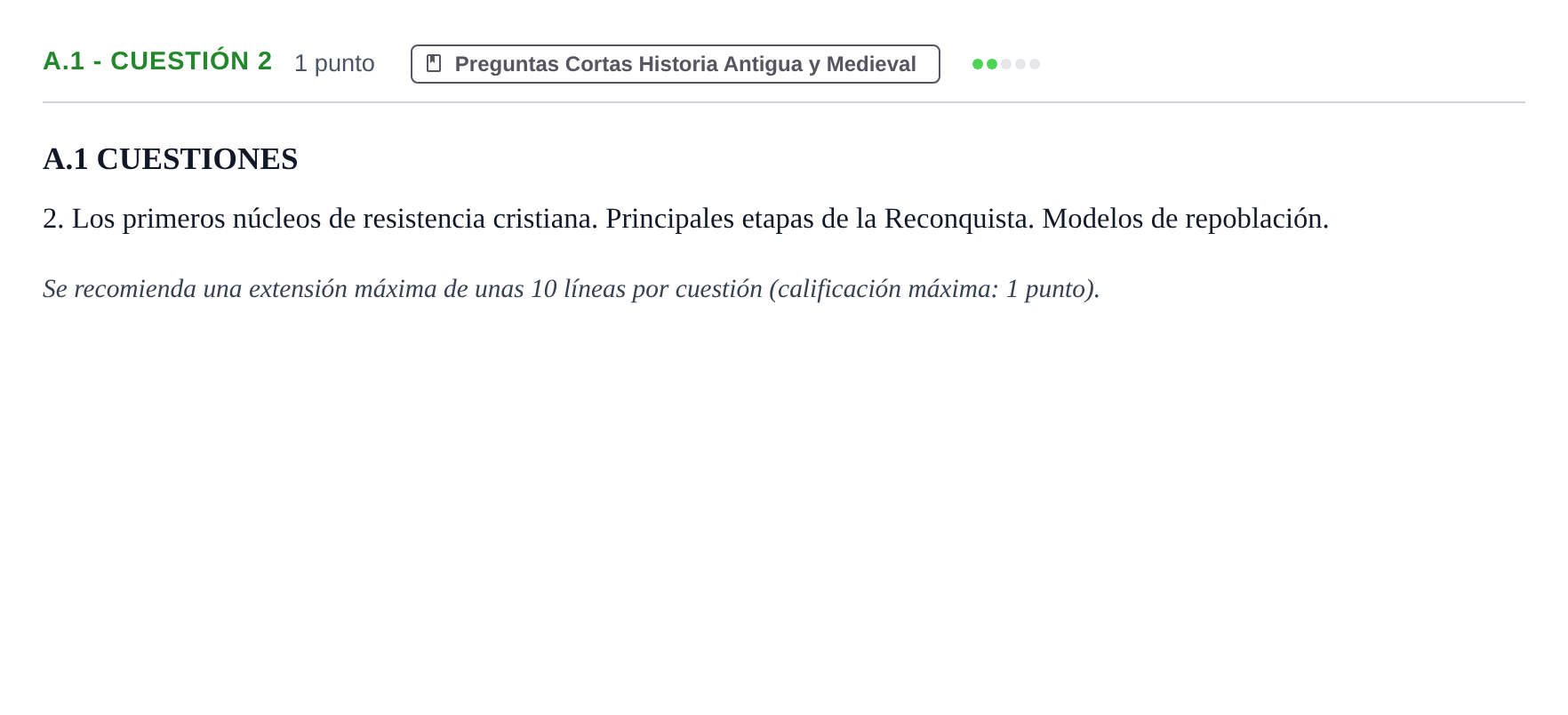 Enunciado: Ejercicio A.1 - Cuestión 2 · Historia de España PAU Madrid Modelo 2020