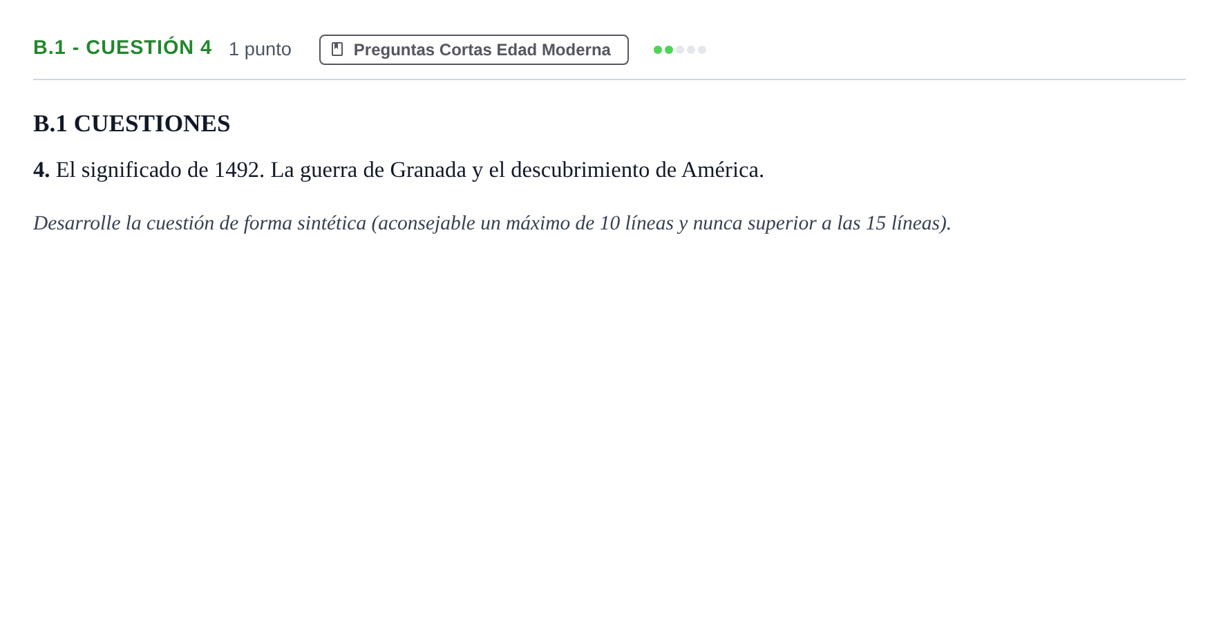 Enunciado: Ejercicio B.1 - Cuestión 4 · Historia de España PAU Madrid Modelo 2020